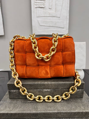 Bottega Veneta Orange Suede Cassette Chain Crossbody Bag