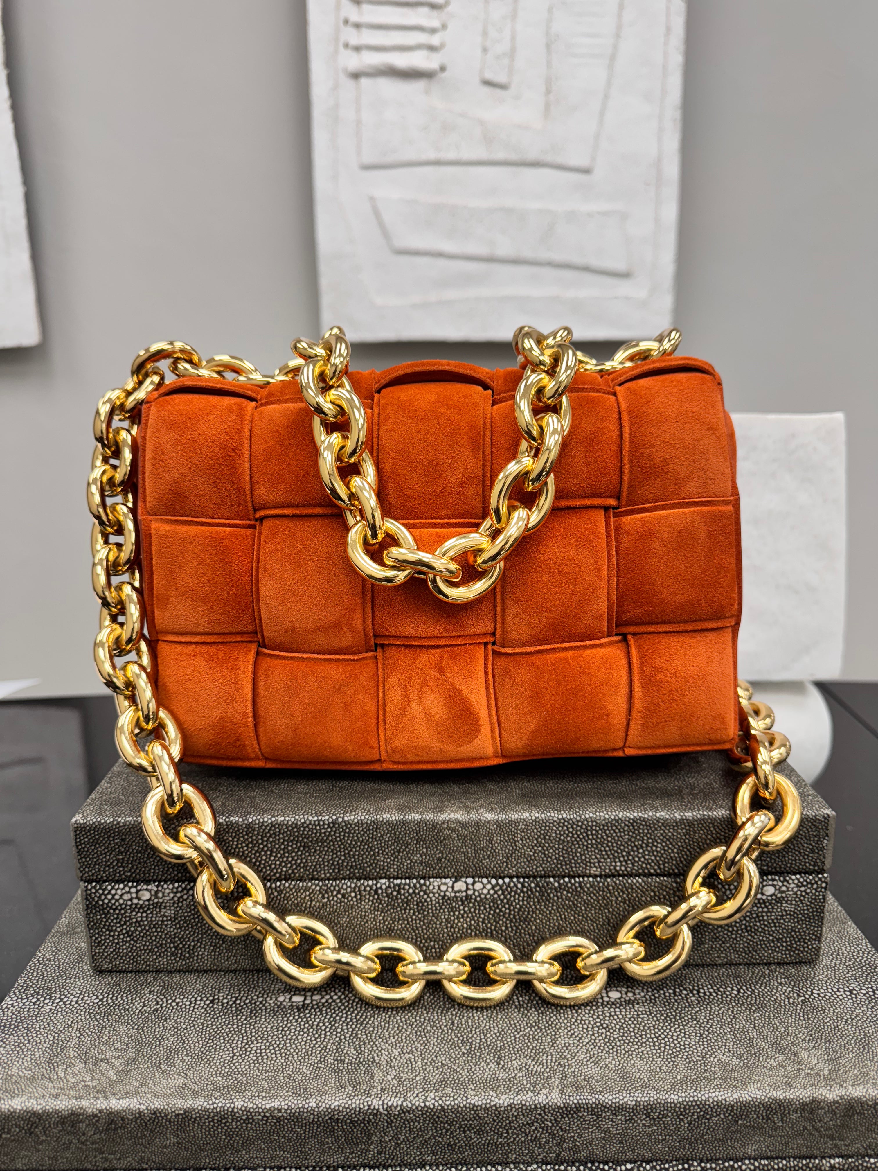 Bottega Veneta Orange Suede Cassette Chain Crossbody Bag