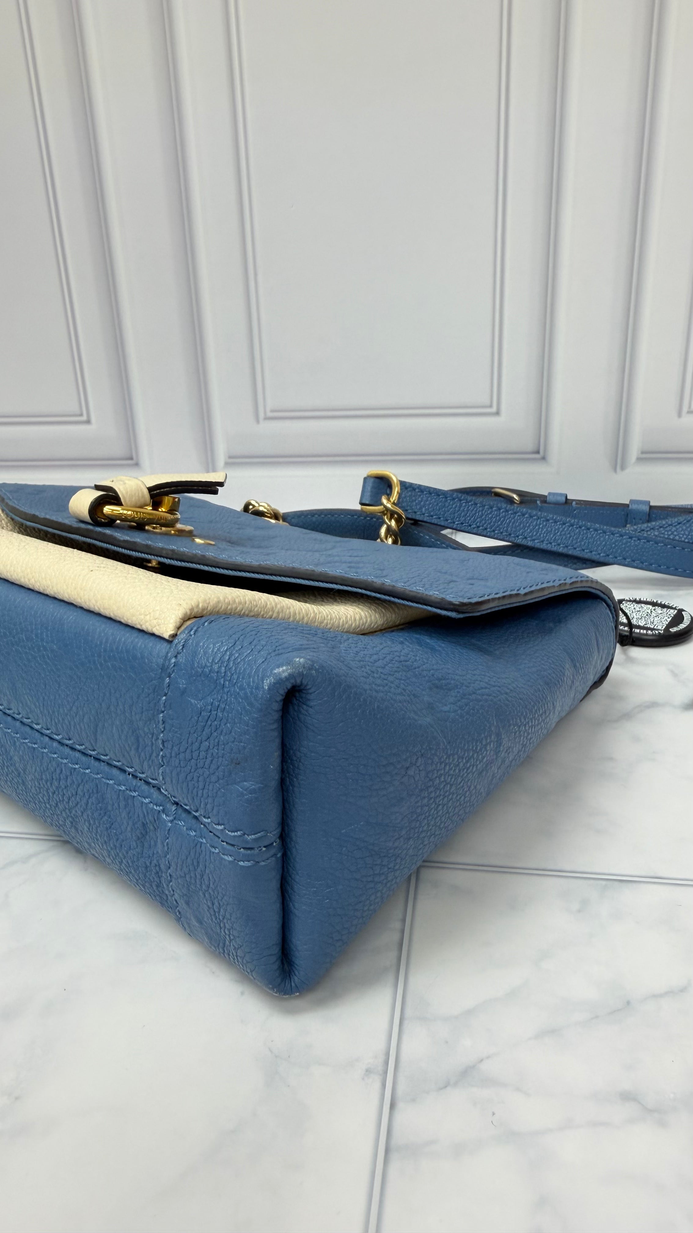 *DONS DROP* Louis Vuitton Denim Blue and Cream Monogram Empreinte Leather Blanche BB Shoulder Bag