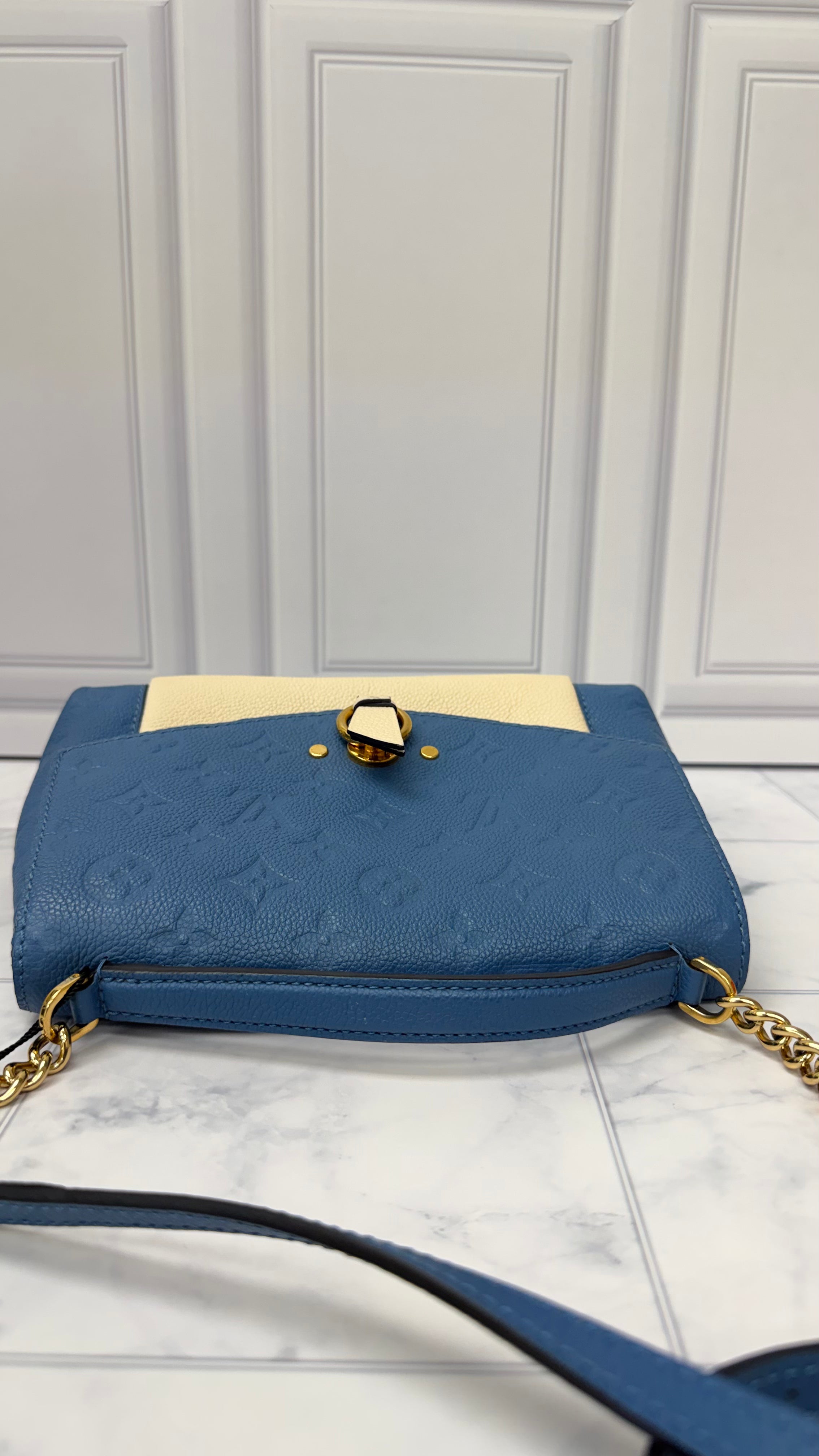 *DONS DROP* Louis Vuitton Denim Blue and Cream Monogram Empreinte Leather Blanche BB Shoulder Bag