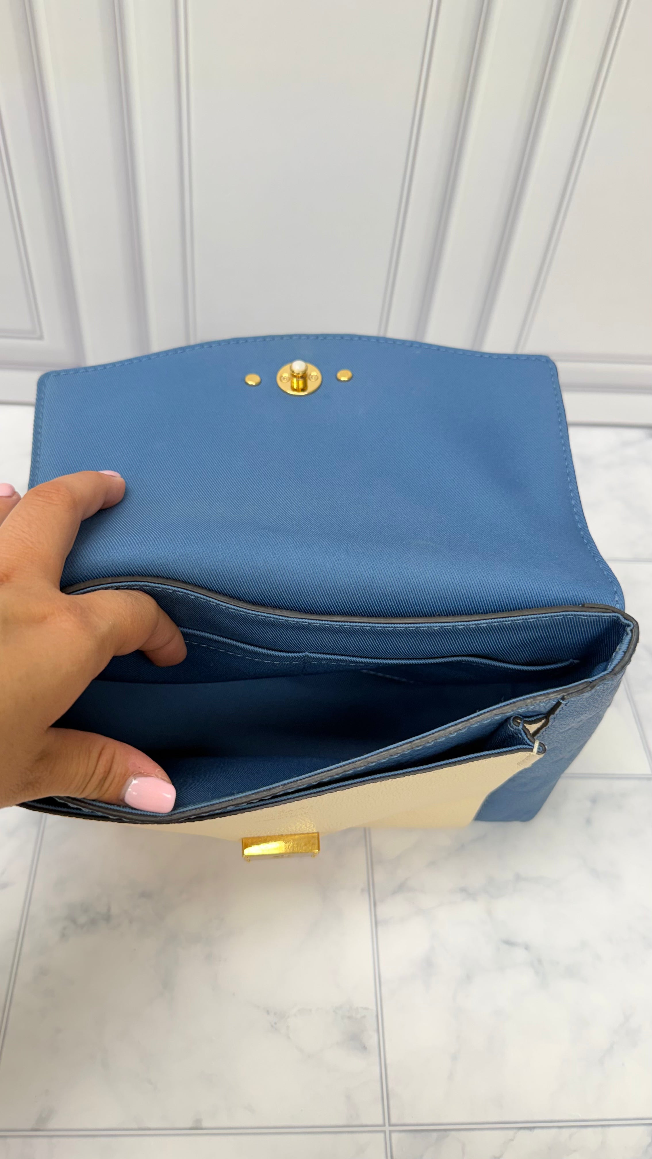 *DONS DROP* Louis Vuitton Denim Blue and Cream Monogram Empreinte Leather Blanche BB Shoulder Bag