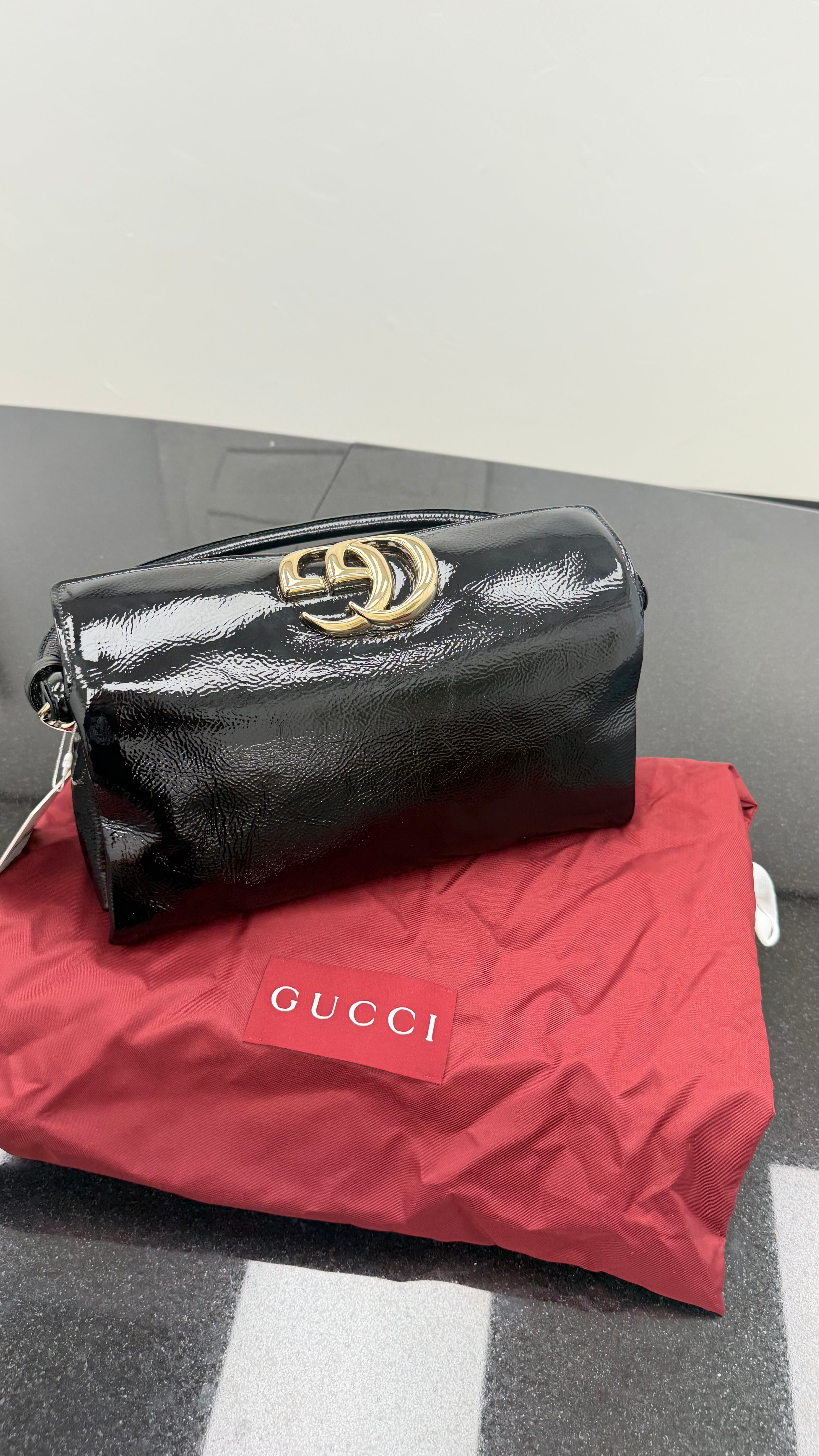 LIKE NEW - Gucci Black Patent Leather GG Soft Top Handle Bag