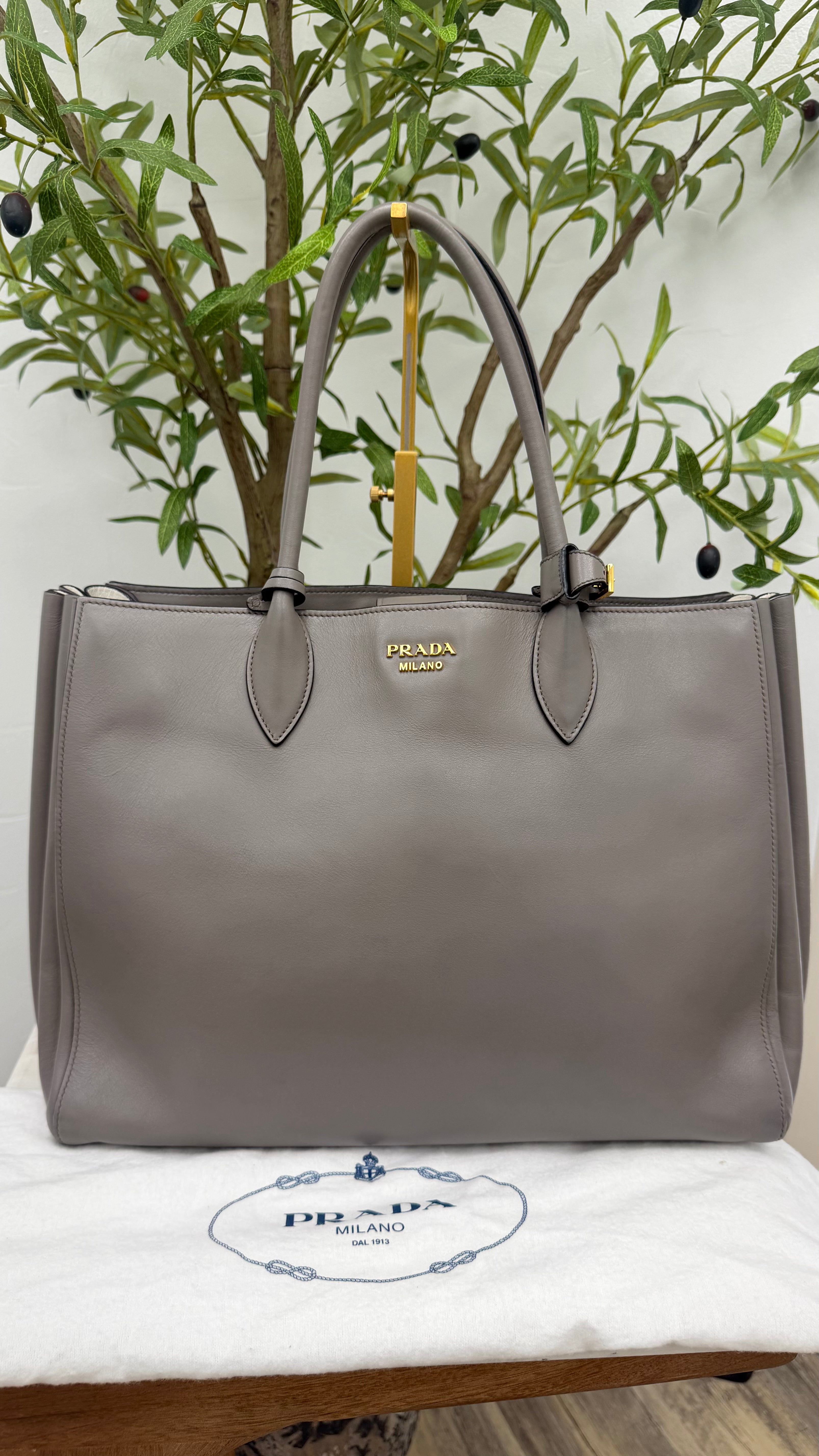 Prada Grey Soft Leather Bibliotheque Tote Bag