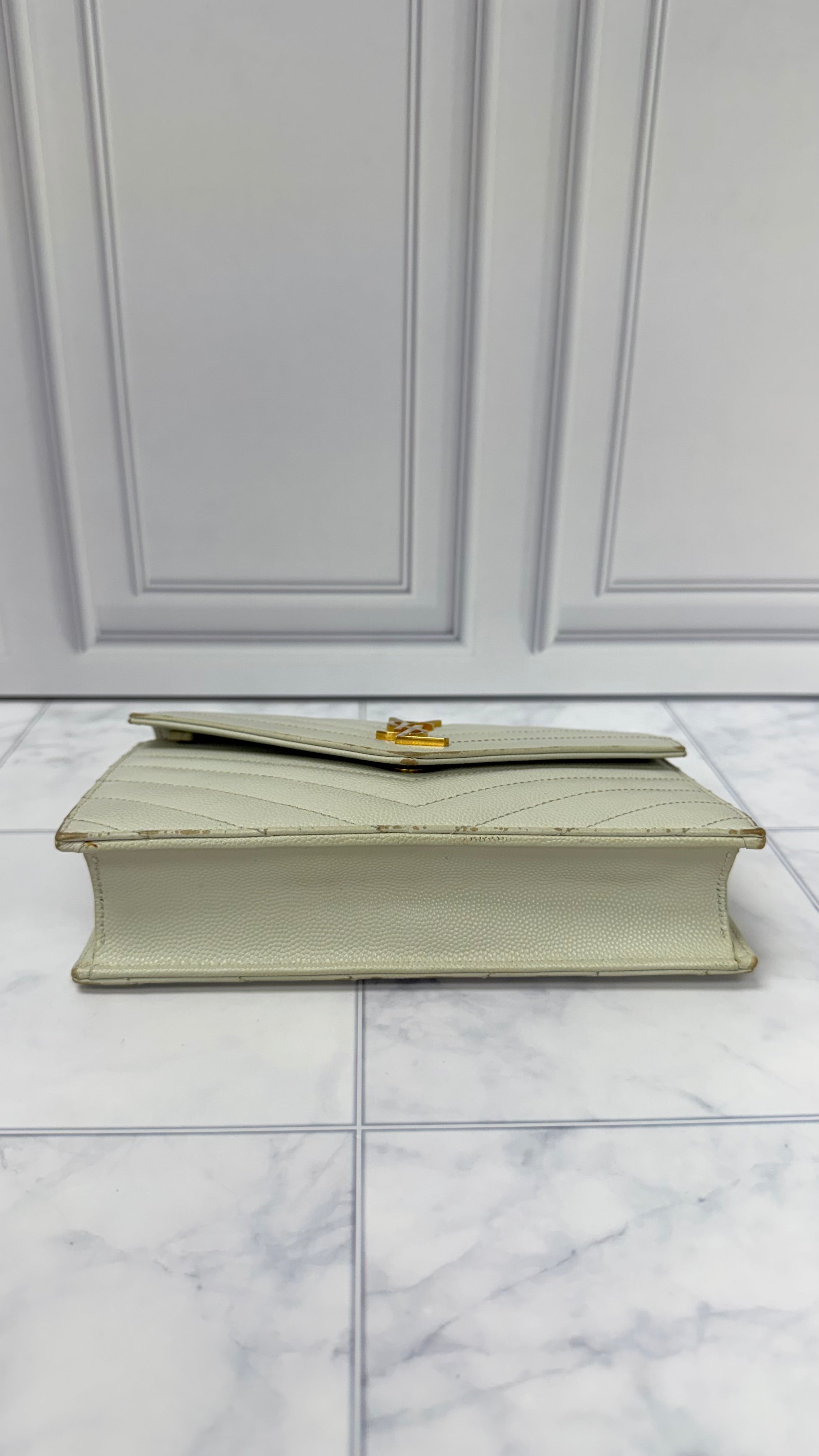 *DONS DROP* Saint Laurent YSL White Grained Leather Cassandre Envelope Wallet On A Chain