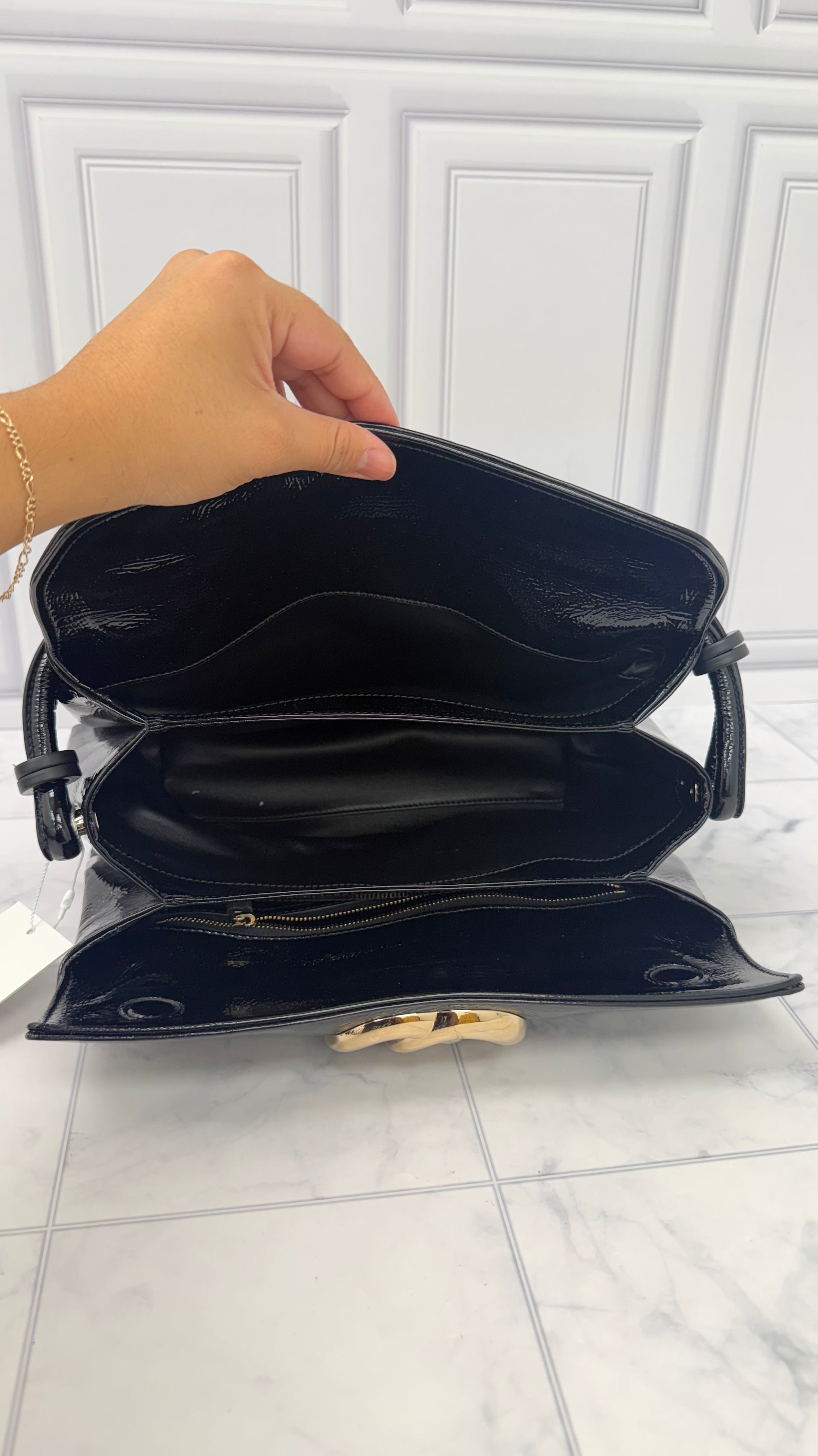 LIKE NEW - Gucci Black Patent Leather GG Soft Top Handle Bag