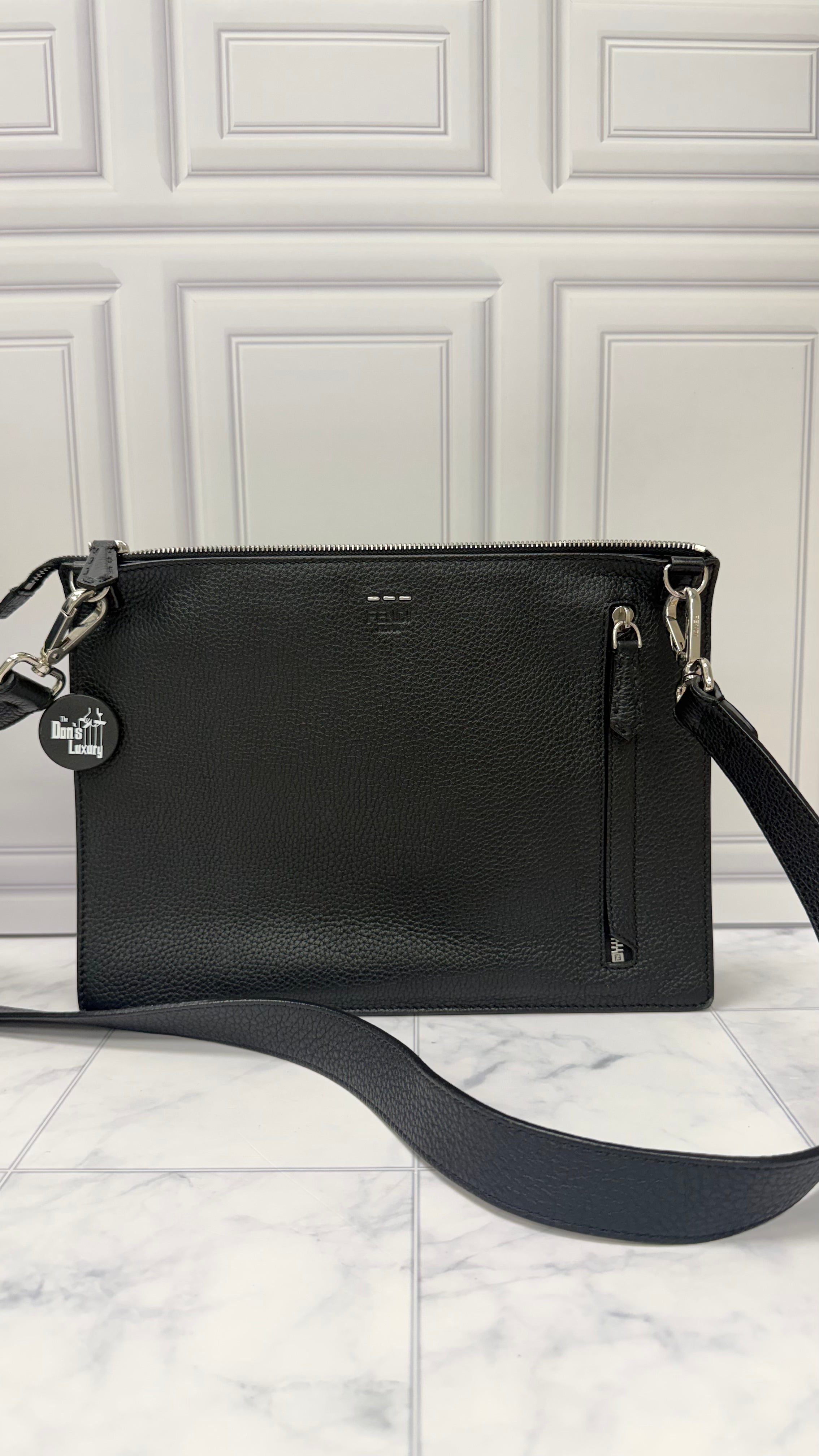 *DONS DROP* Fendi Black Grained Leather FF Turnlock Medium Crossbody Bag
