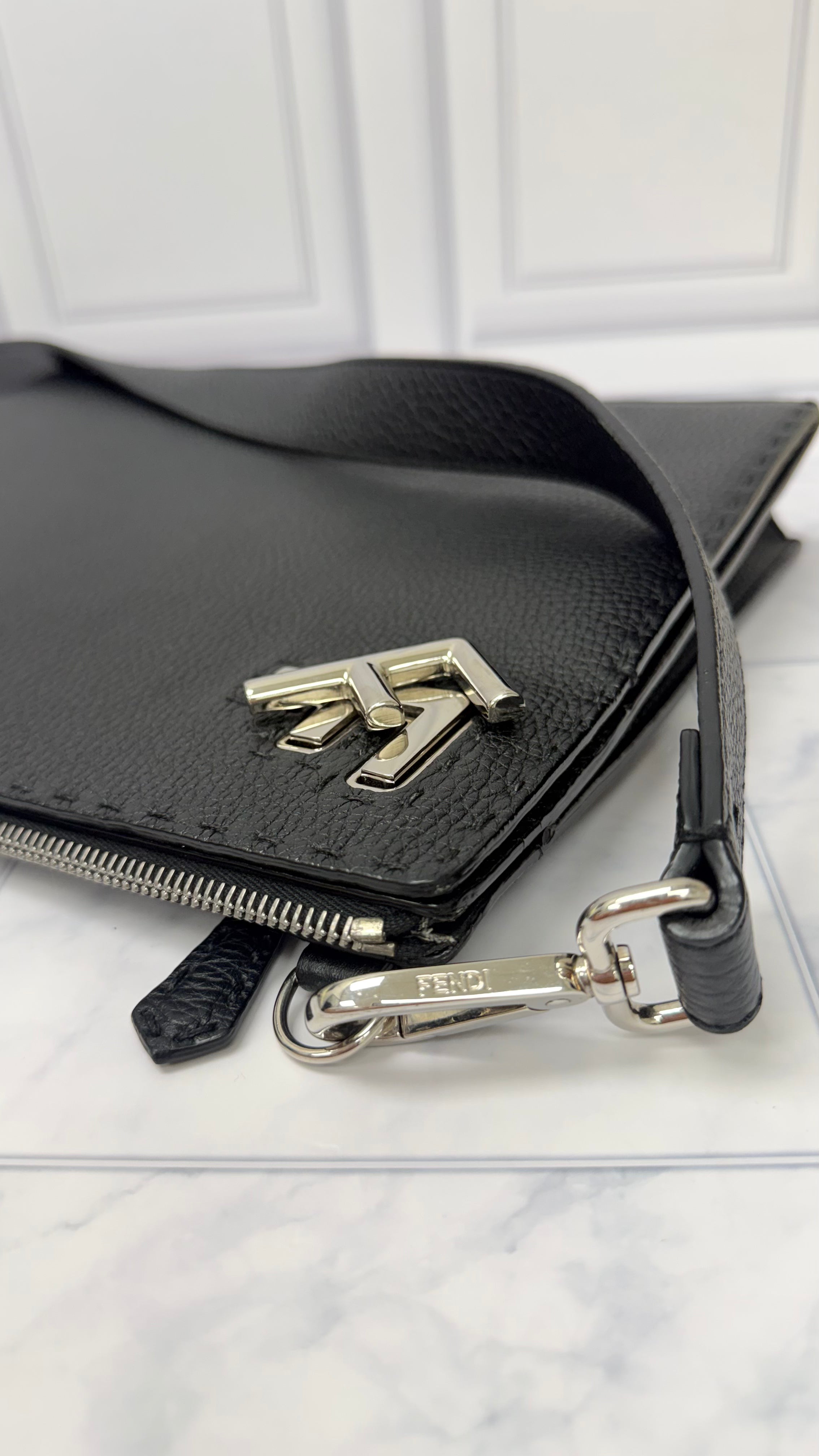 *DONS DROP* Fendi Black Grained Leather FF Turnlock Medium Crossbody Bag