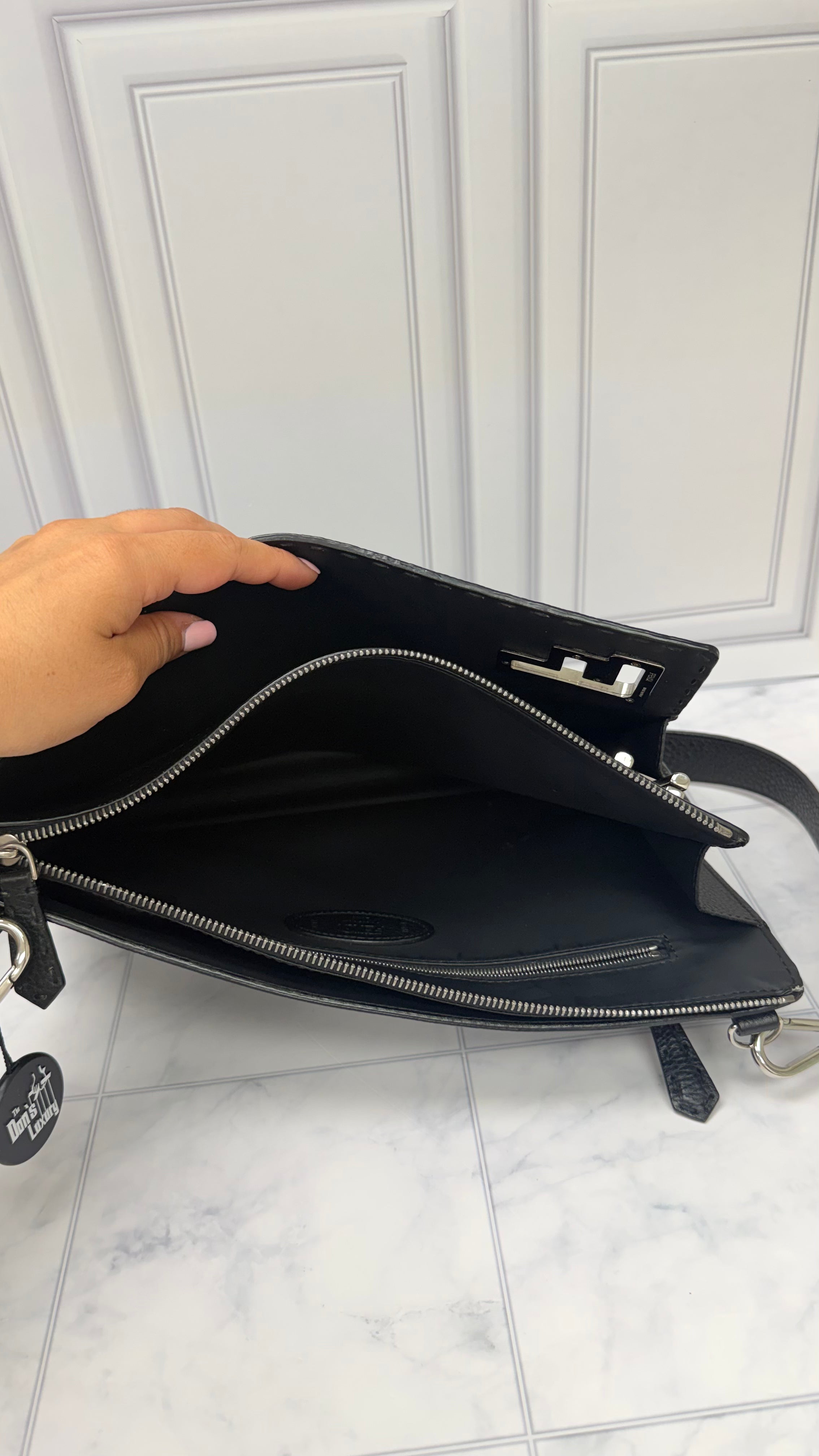 *DONS DROP* Fendi Black Grained Leather FF Turnlock Medium Crossbody Bag