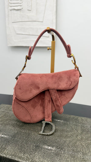 Christian Dior Pink Velvet Crystal Mini Saddle Handbag