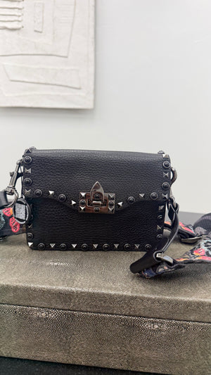 Valentino Black Grained Leather Rockstud Rolling Crossbody Bag