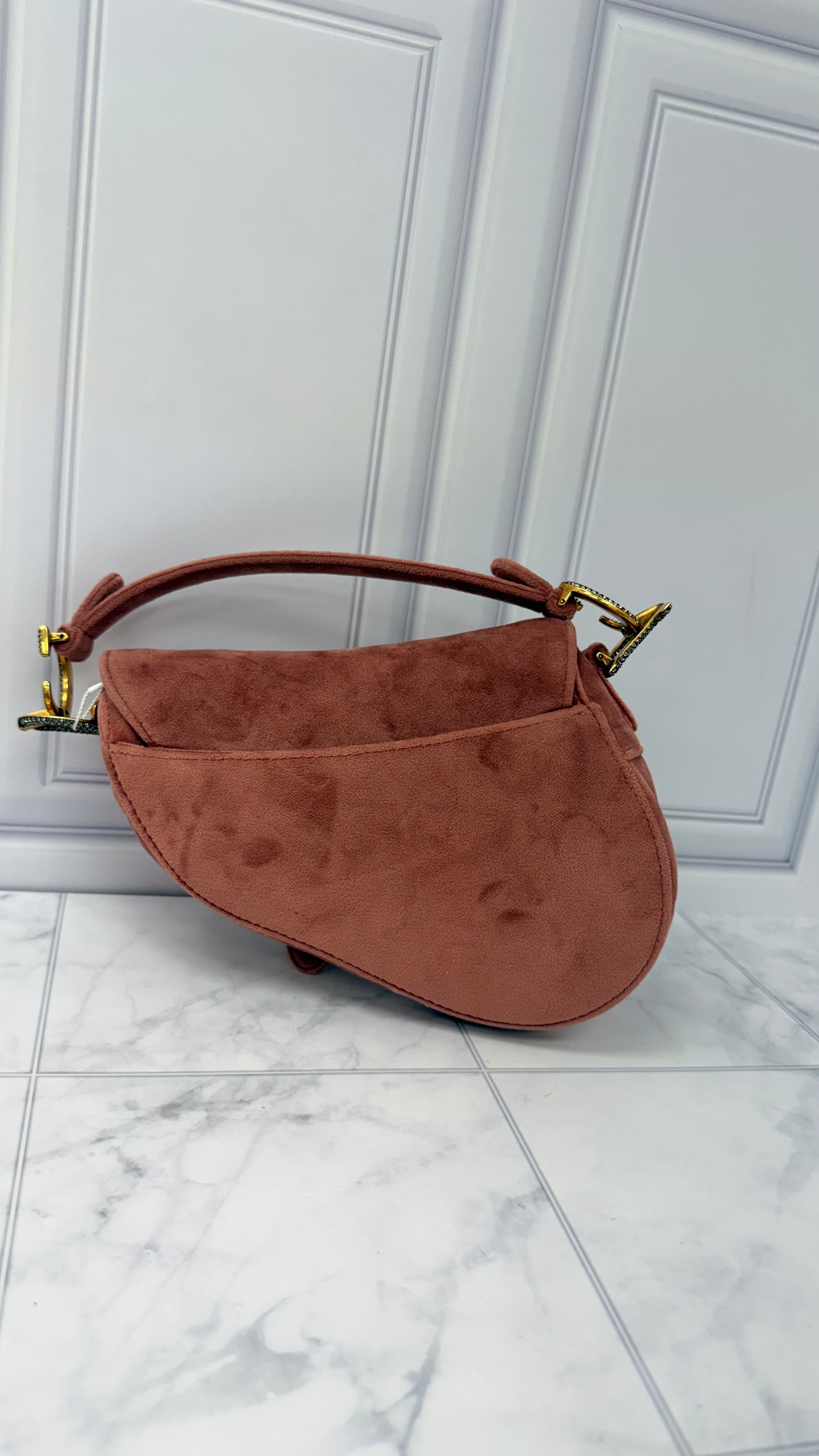Christian Dior Pink Velvet Crystal Mini Saddle Handbag