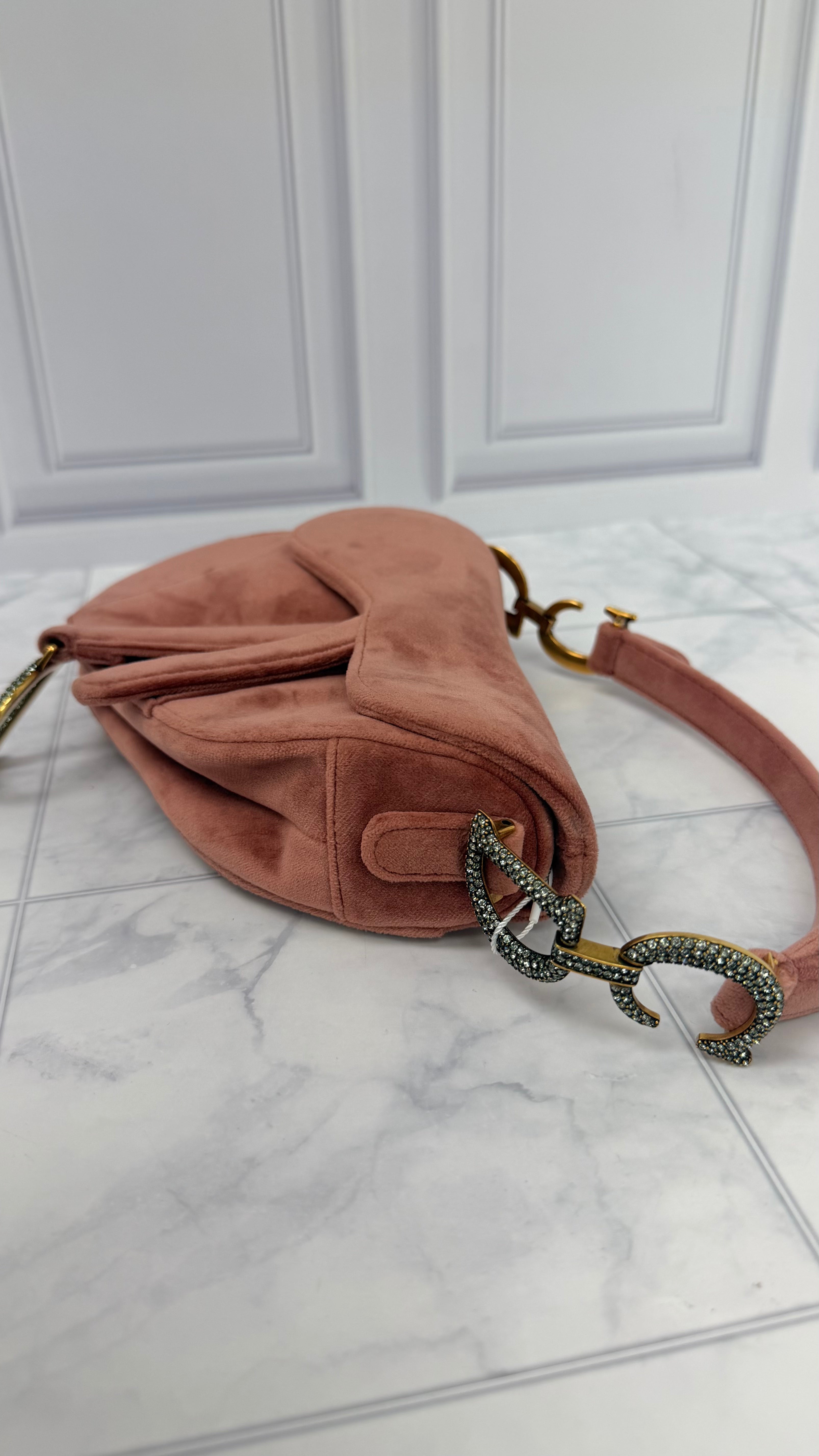 Christian Dior Pink Velvet Crystal Mini Saddle Handbag