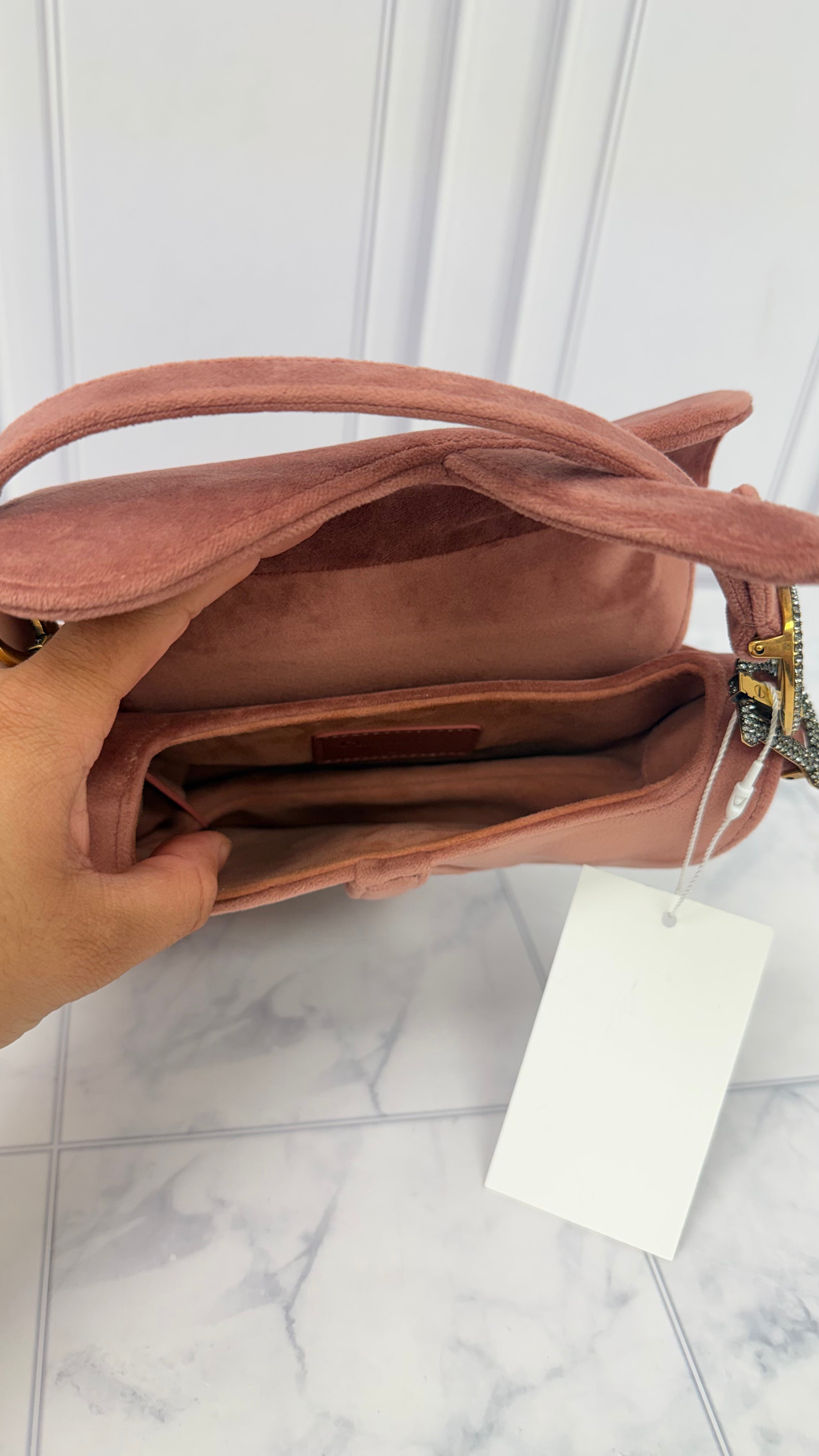 Christian Dior Pink Velvet Crystal Mini Saddle Handbag