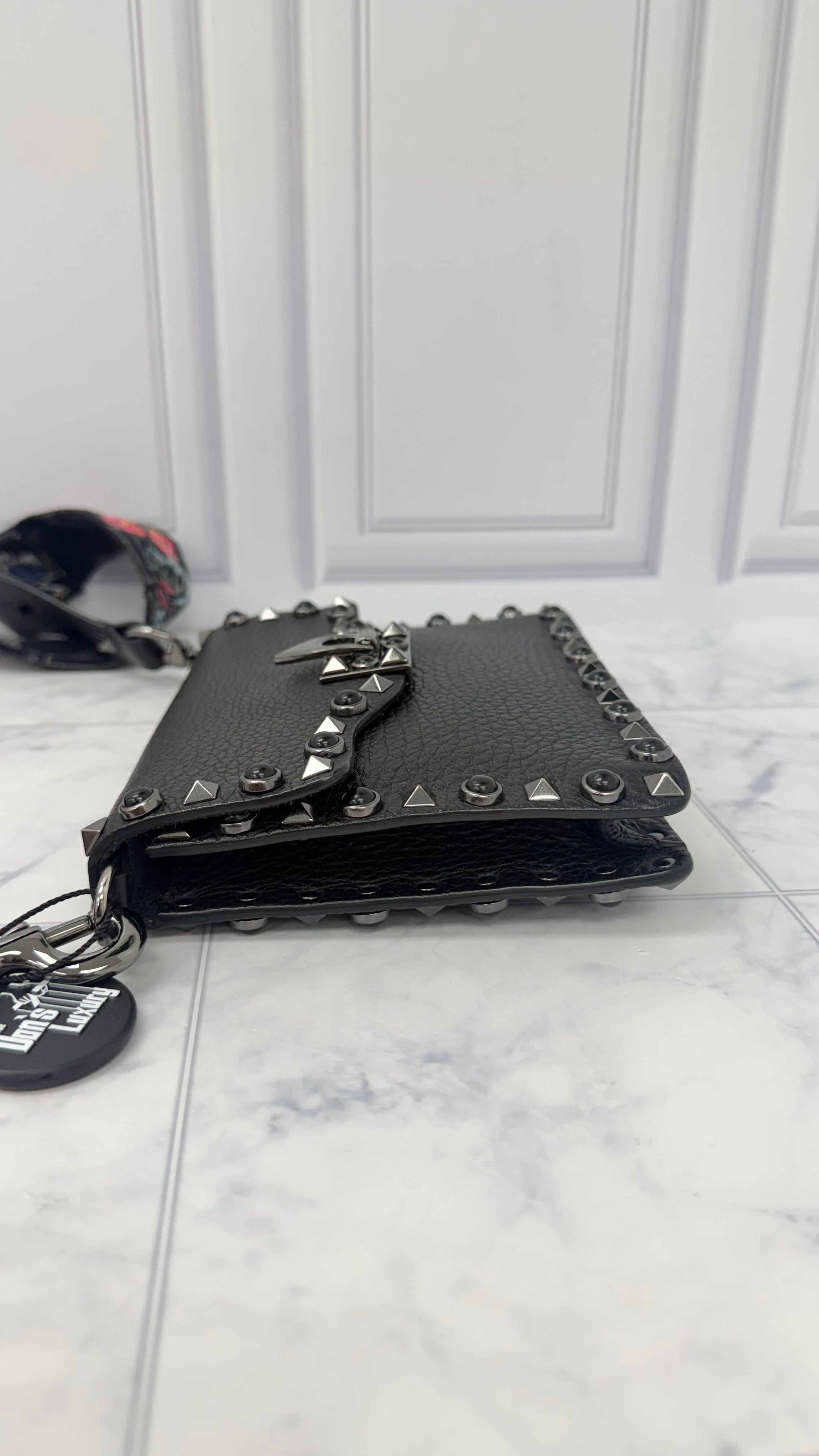 Valentino Black Grained Leather Rockstud Rolling Crossbody Bag