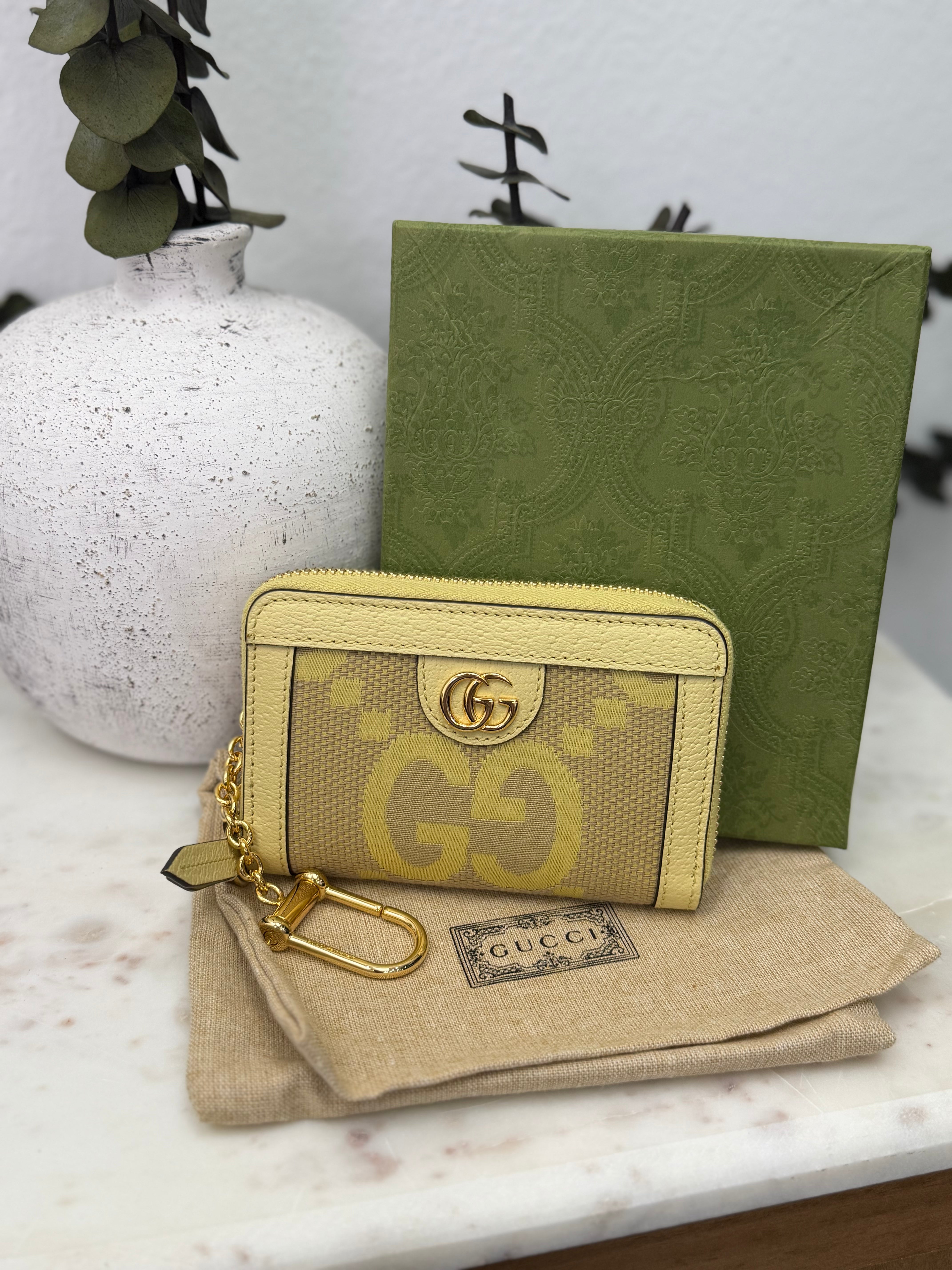 LIKE NEW - Gucci Yellow Leather And Canvas Ophidia Jumbo GG Compact Zippy Wallet