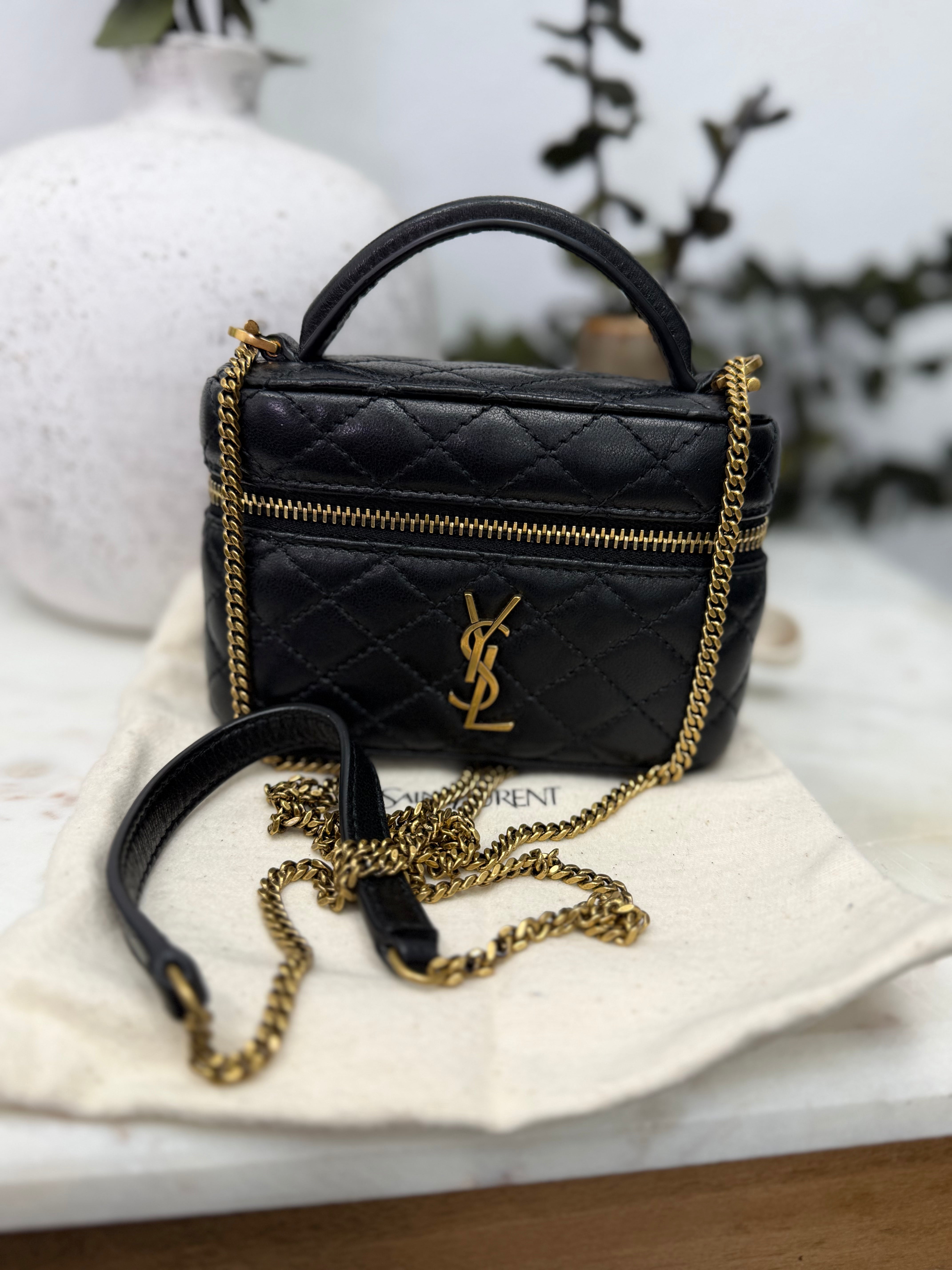 LIKE NEW- Saint Laurent YSL Black Quilted Lambskin Micro Gaby Vanity Crossbody Bag