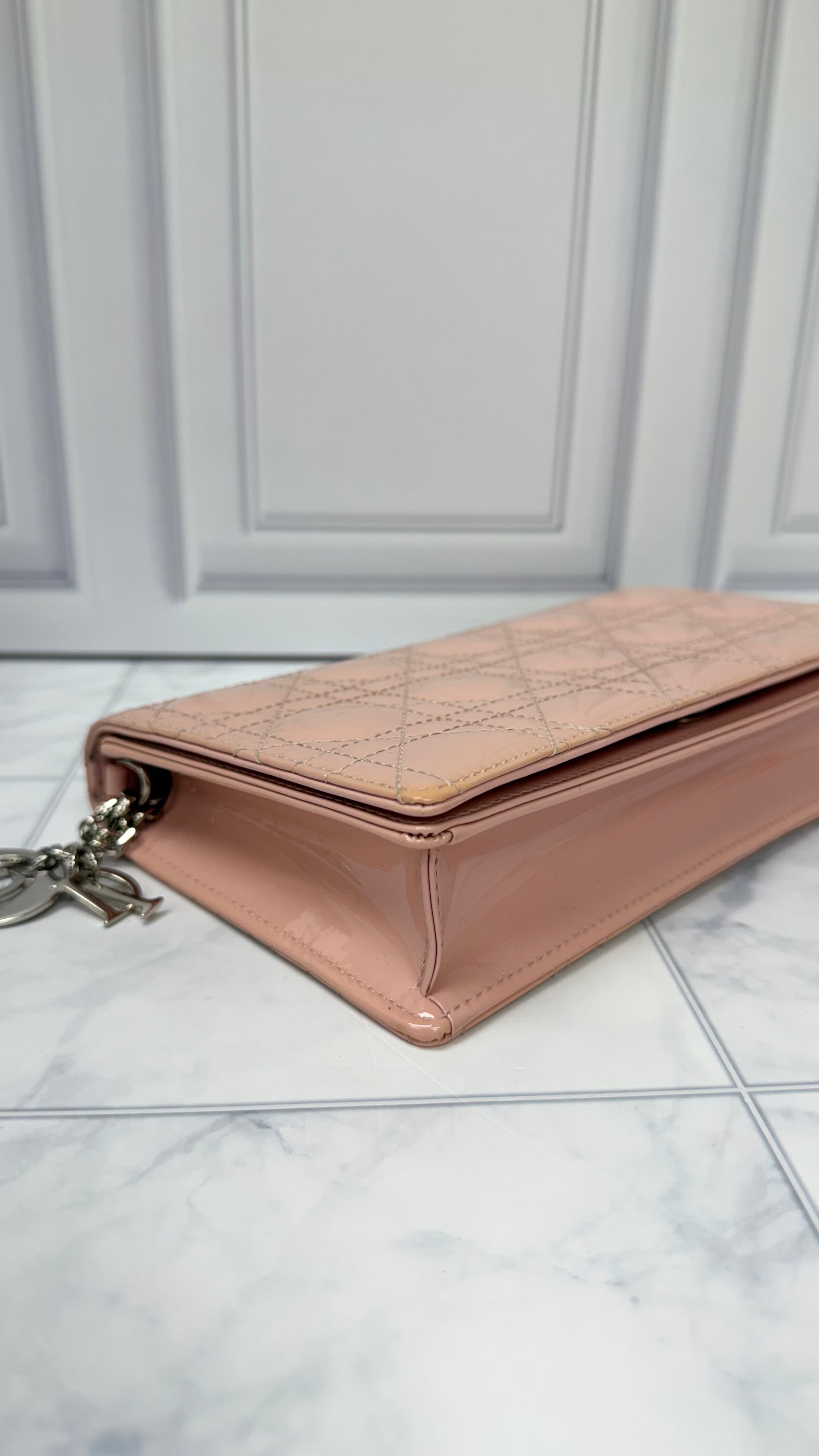 *DONS DROP* Christian Dior Pink Cannage Quilted Patent Leather Lady Dior Wallet on a Chain