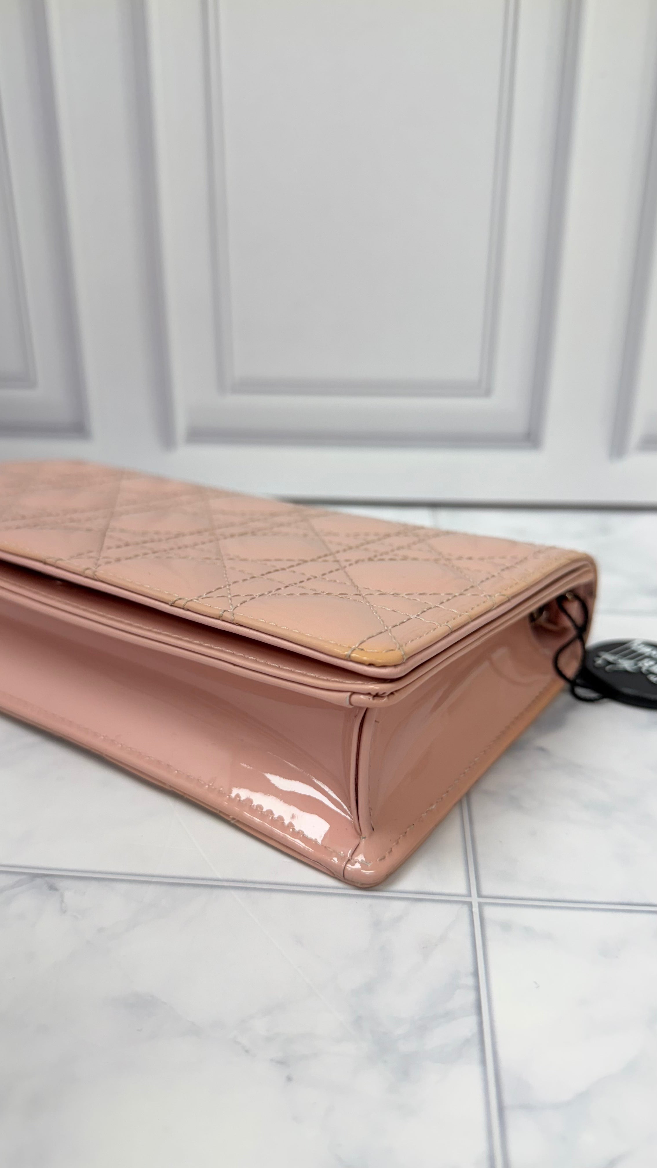 *DONS DROP* Christian Dior Pink Cannage Quilted Patent Leather Lady Dior Wallet on a Chain
