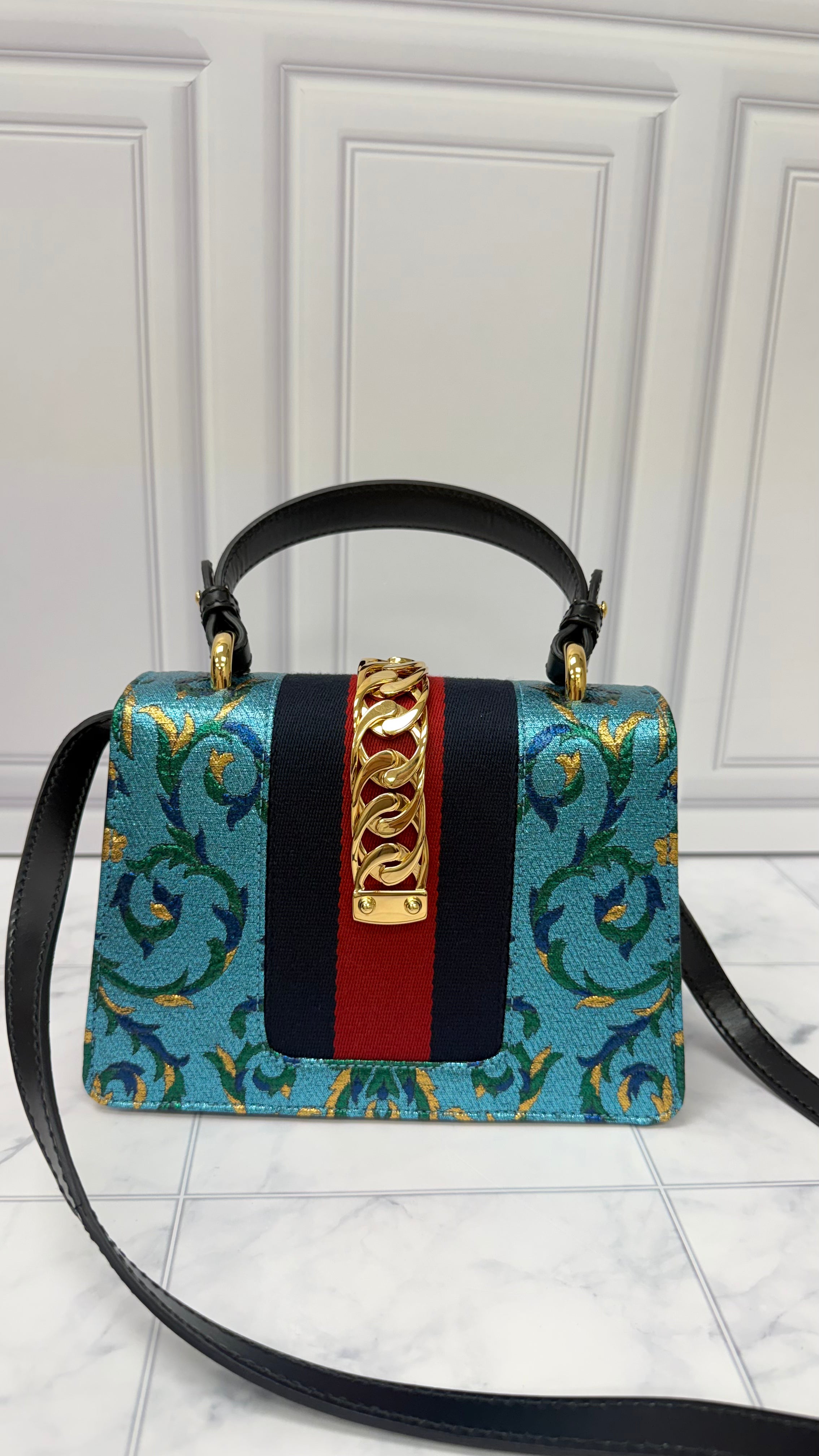 *DONS DROP* Gucci Blue Iridescent Brocade Mini Sylvie Top Handle Bag