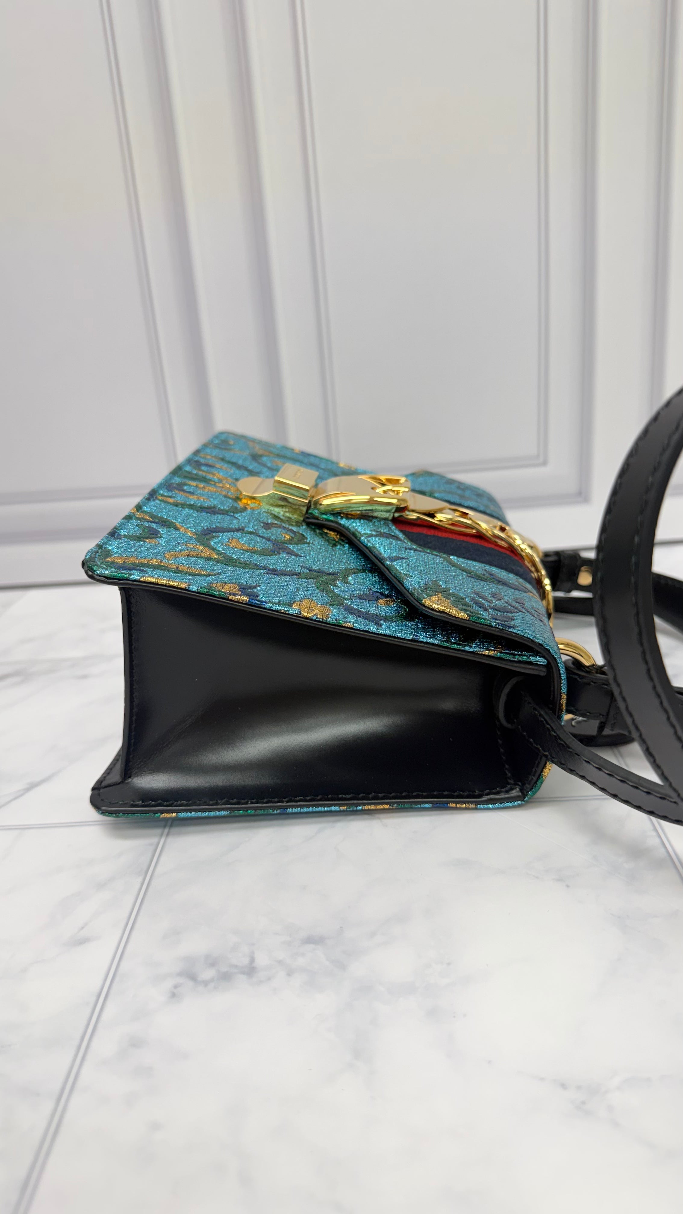 *DONS DROP* Gucci Blue Iridescent Brocade Mini Sylvie Top Handle Bag