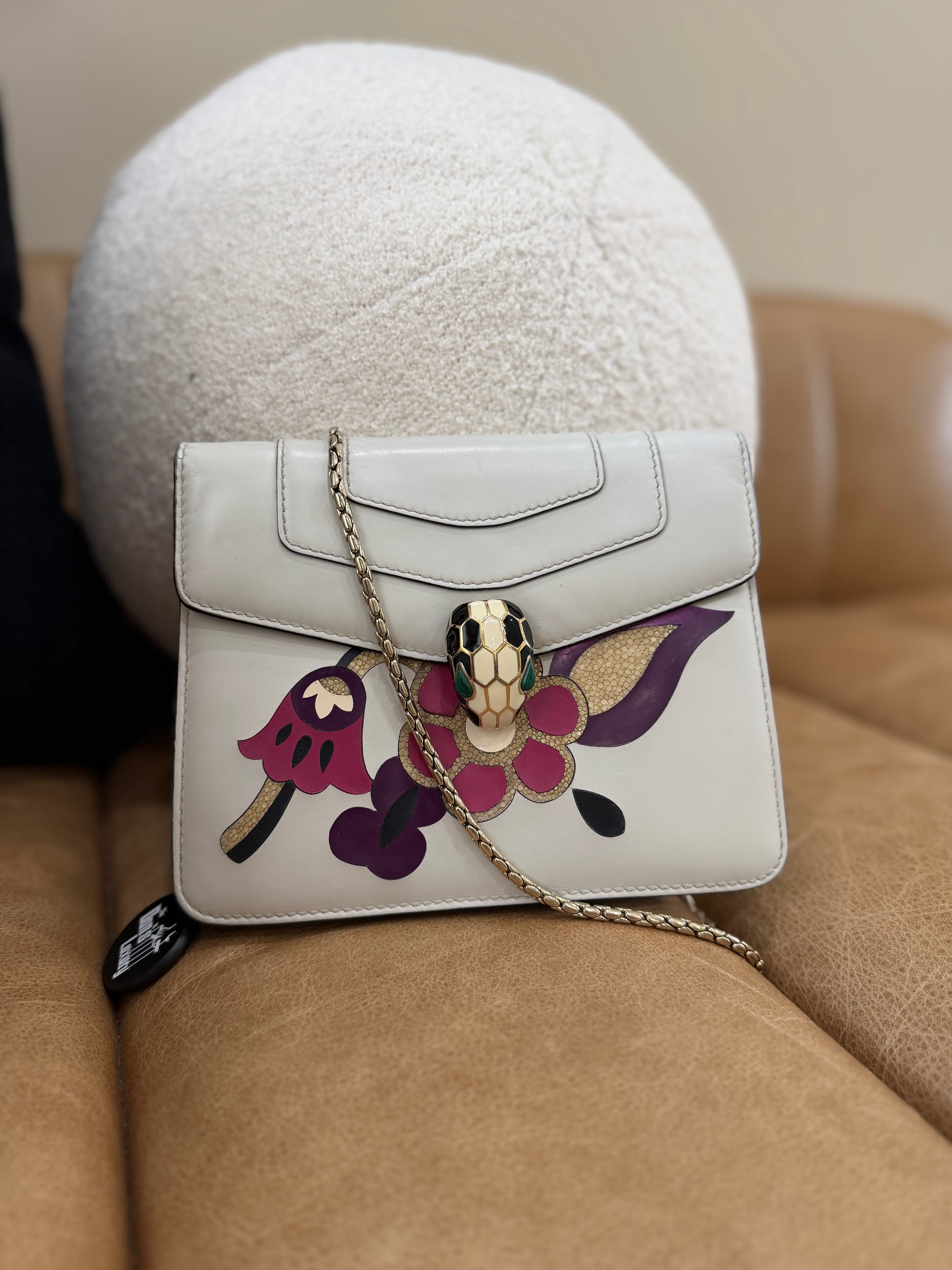 Bvlgari Beige Leather Serpenti Forever Small Floral Chain Bag