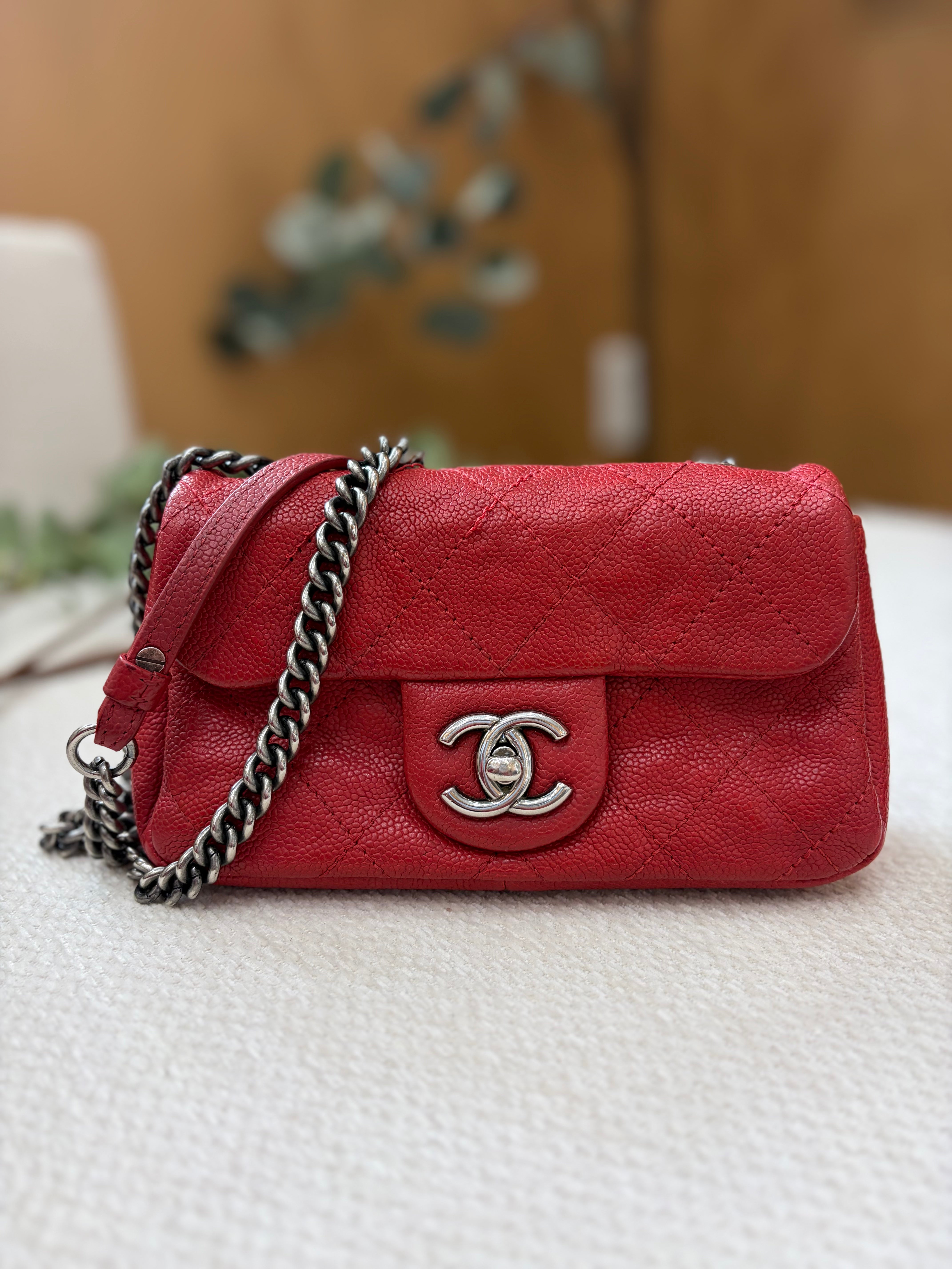 Chanel Red Quilted Caviar Leather Mini Classic Flap Bag
