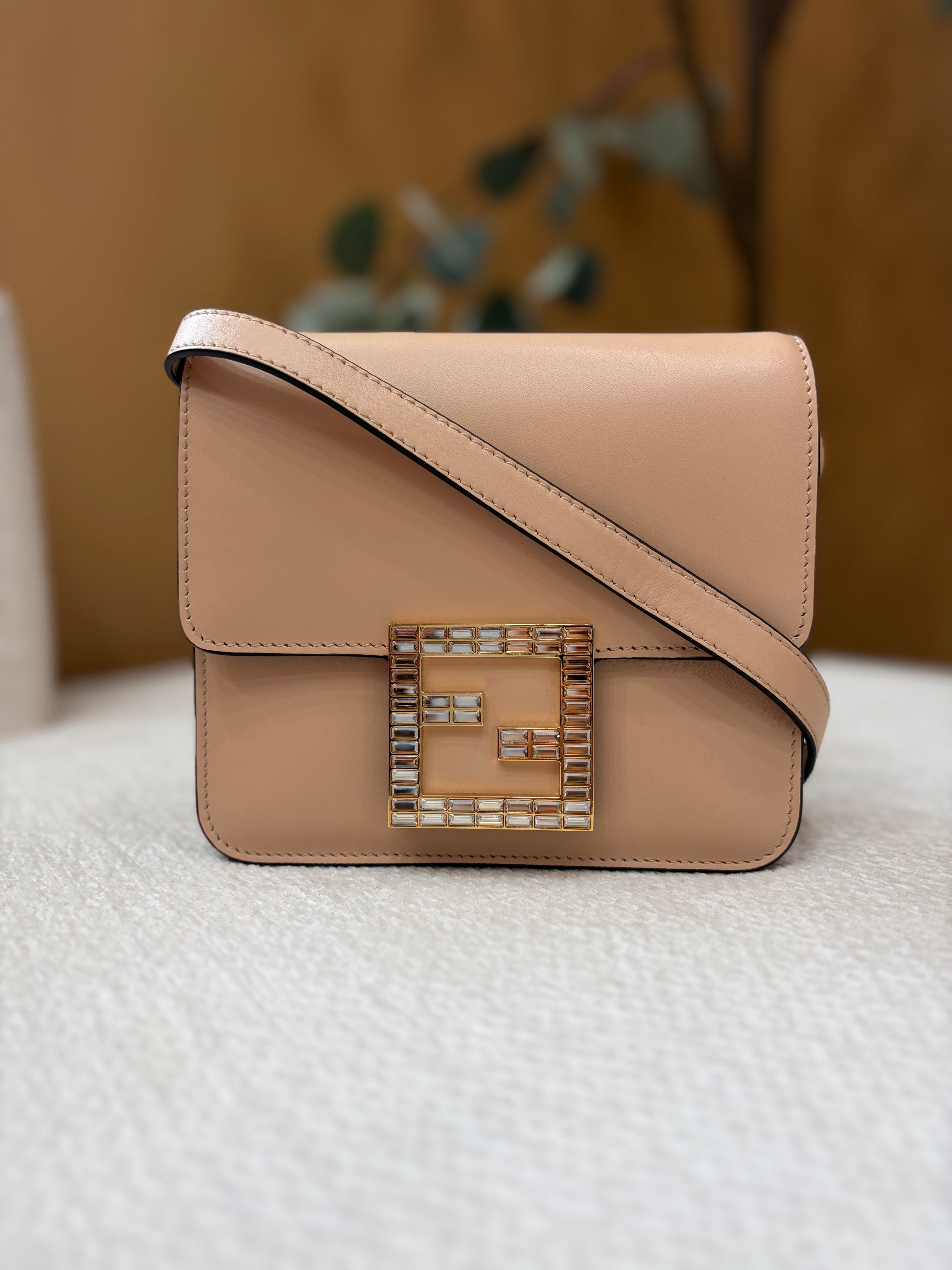 Fendi Beige Leather Vitello King Crystal Fab Shoulder Bag