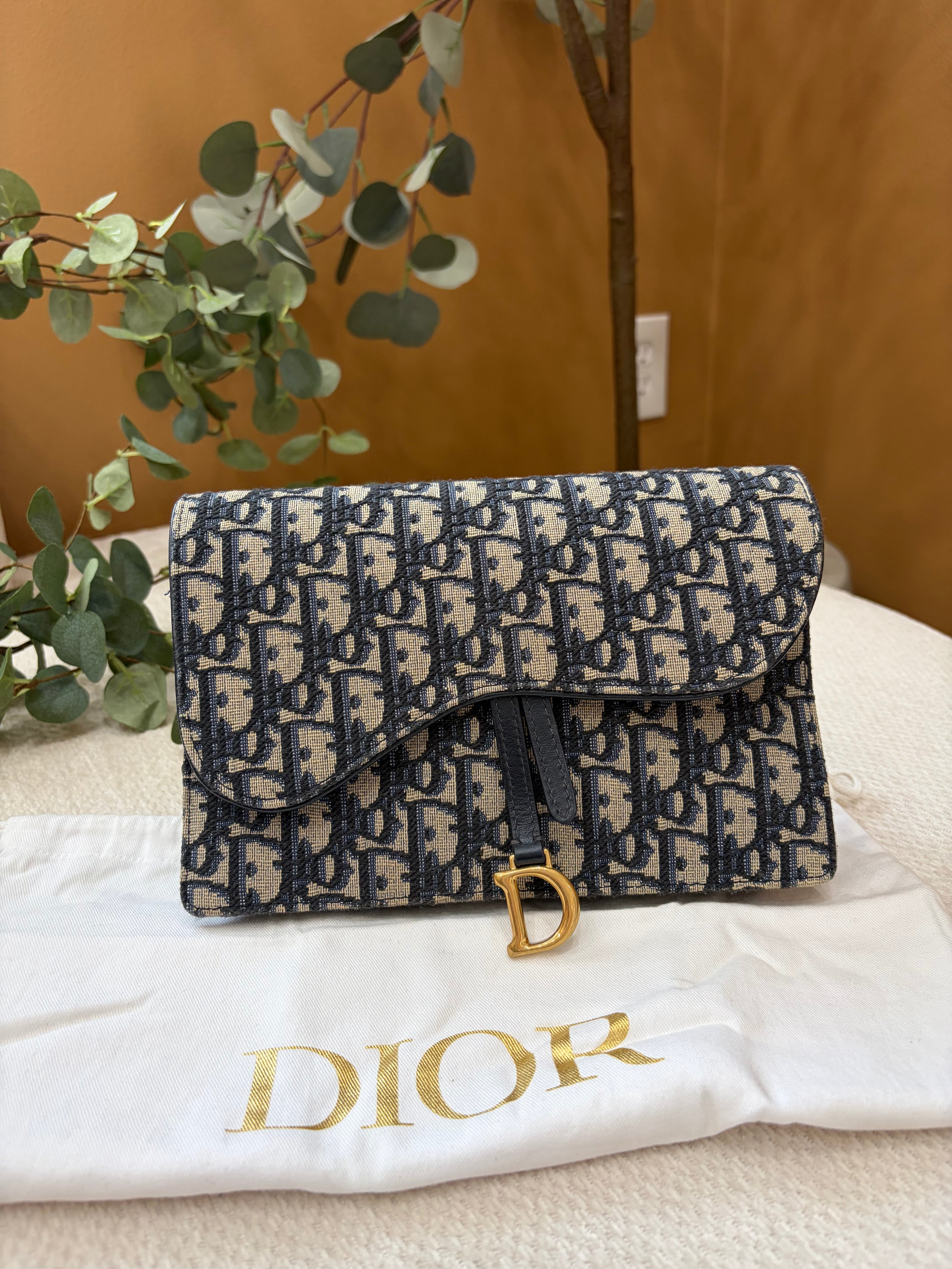 Christian Dior Blue Oblique Jacquard Saddle Chain Clutch