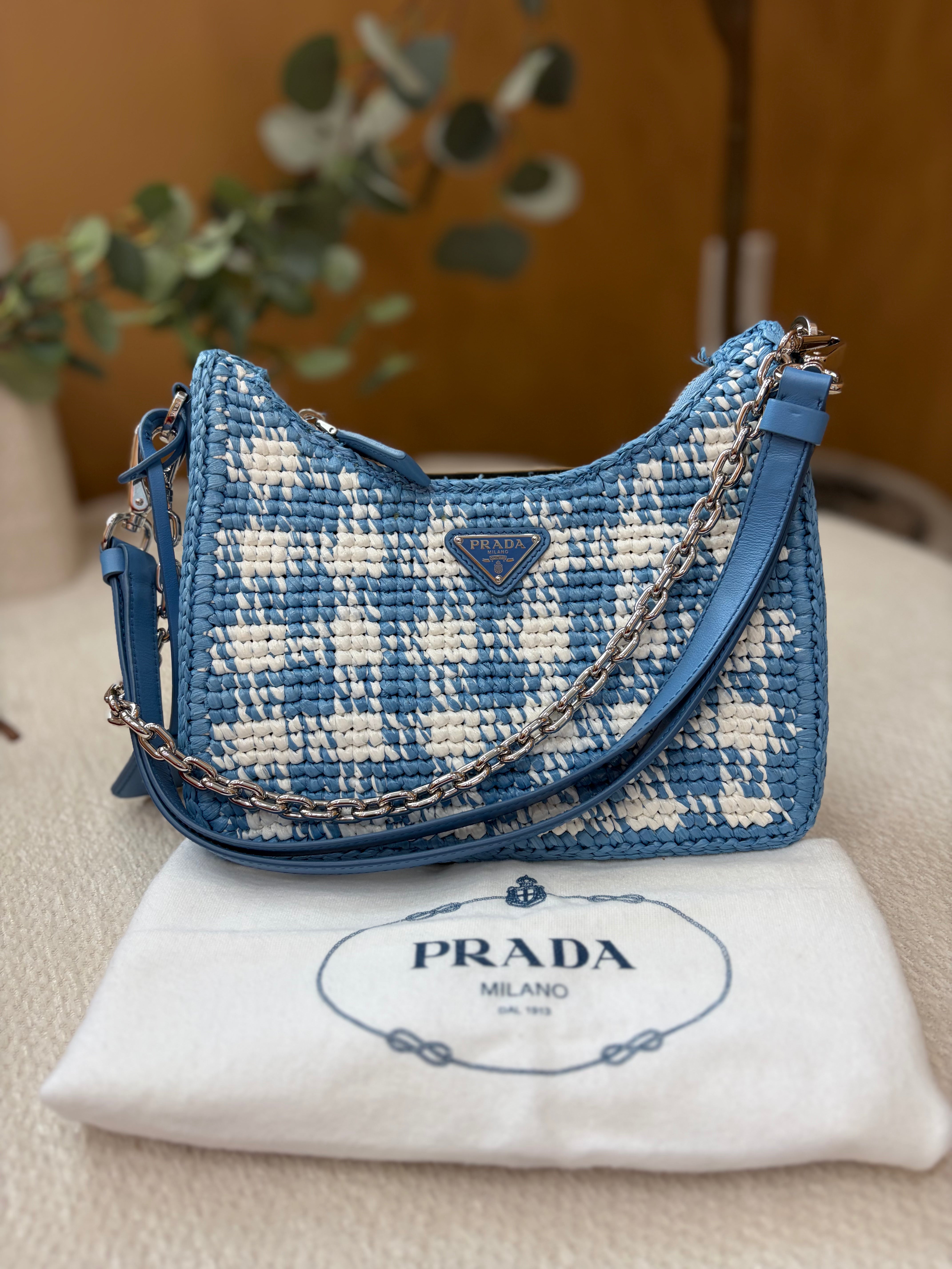 Prada Blue Checkered Gingham Raffia Re-Edition Shoulder Bag