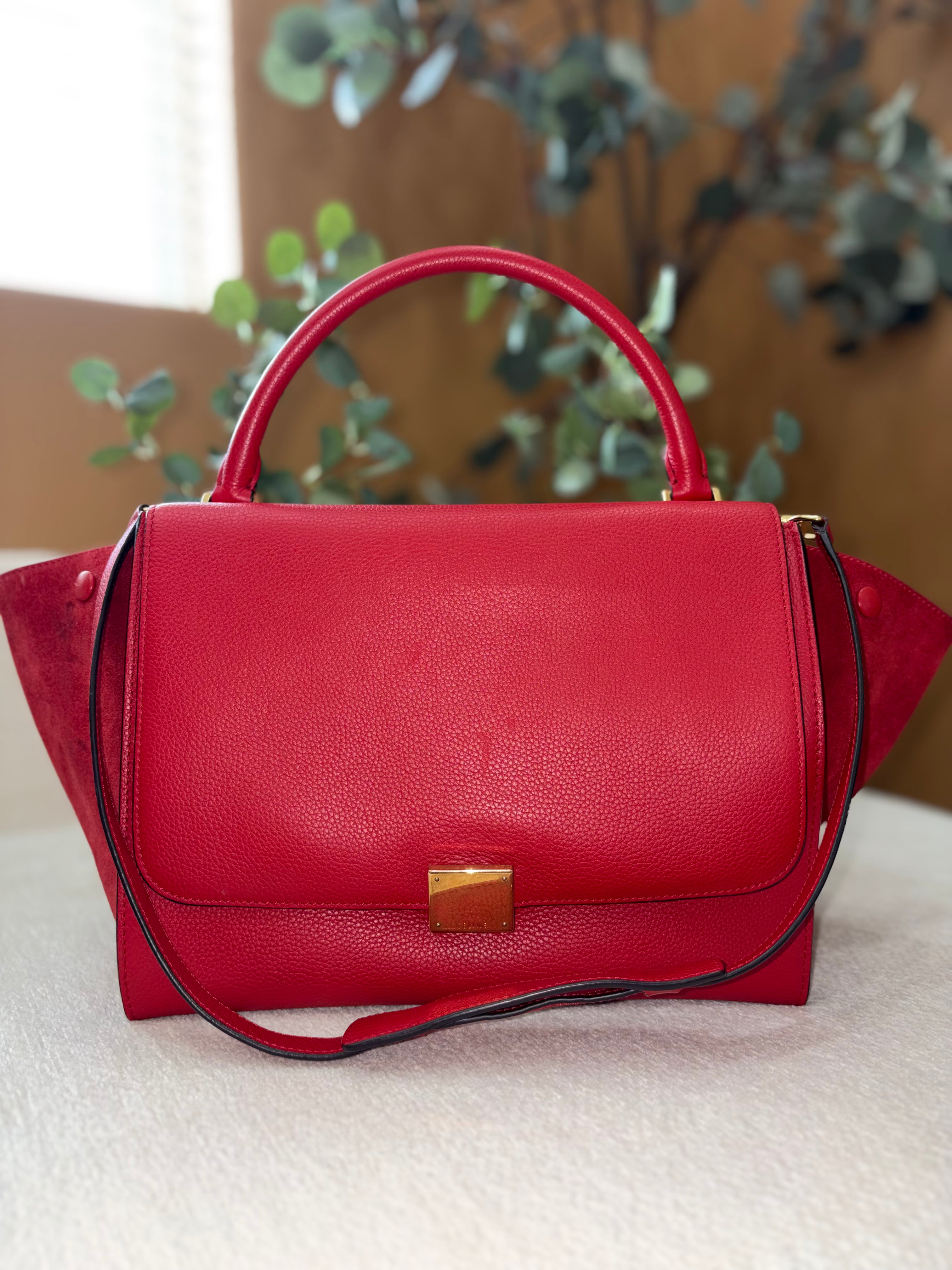 Celine Red Drummed Calfskin & Suede Small Trapeze 2Way Bag
