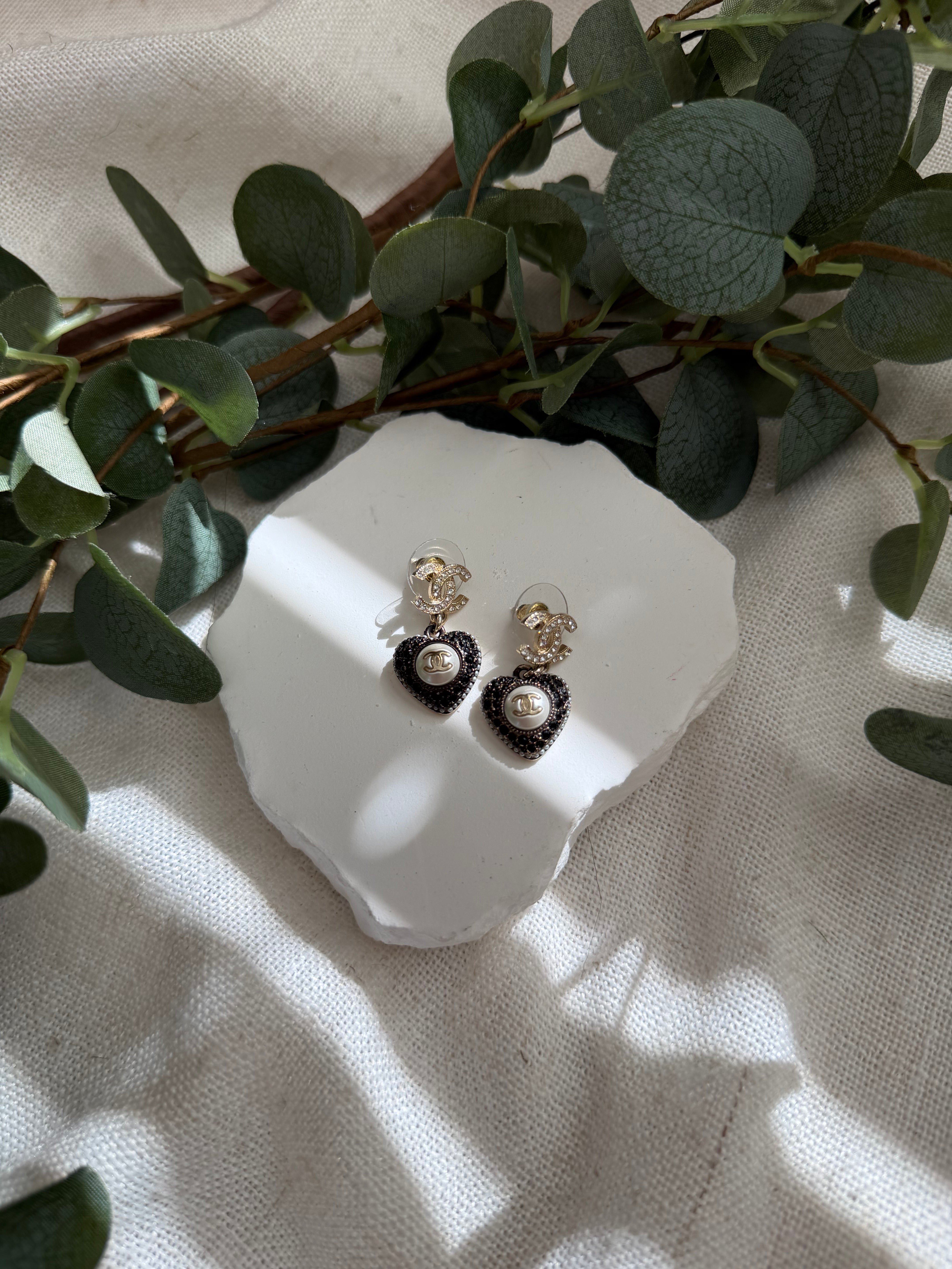 Chanel Vintage Faux Pearl & Crystal CC Drop Heart Earrings