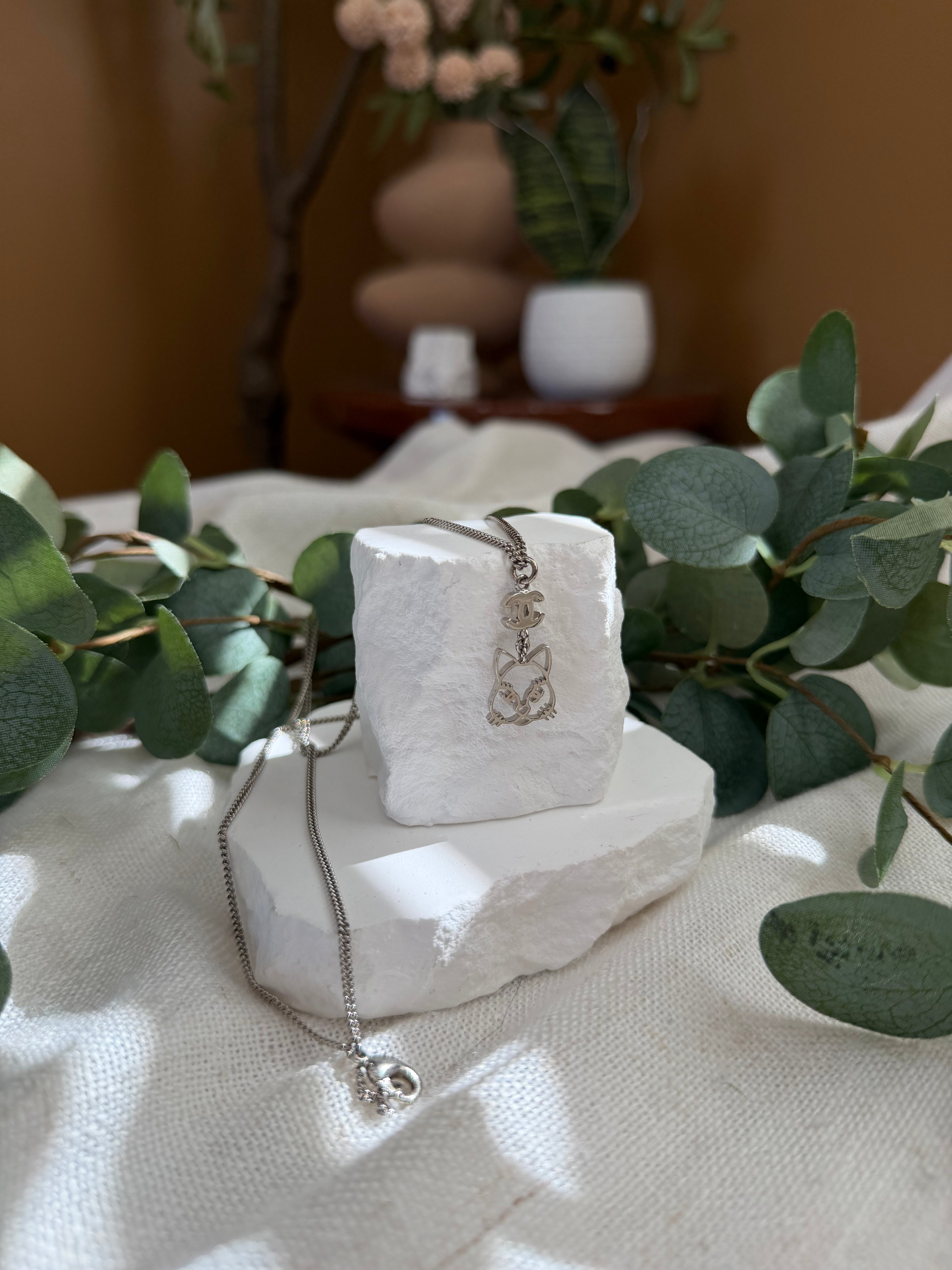 Chanel Silver & Crystal Emoji Choupette Cat Pendant Necklace