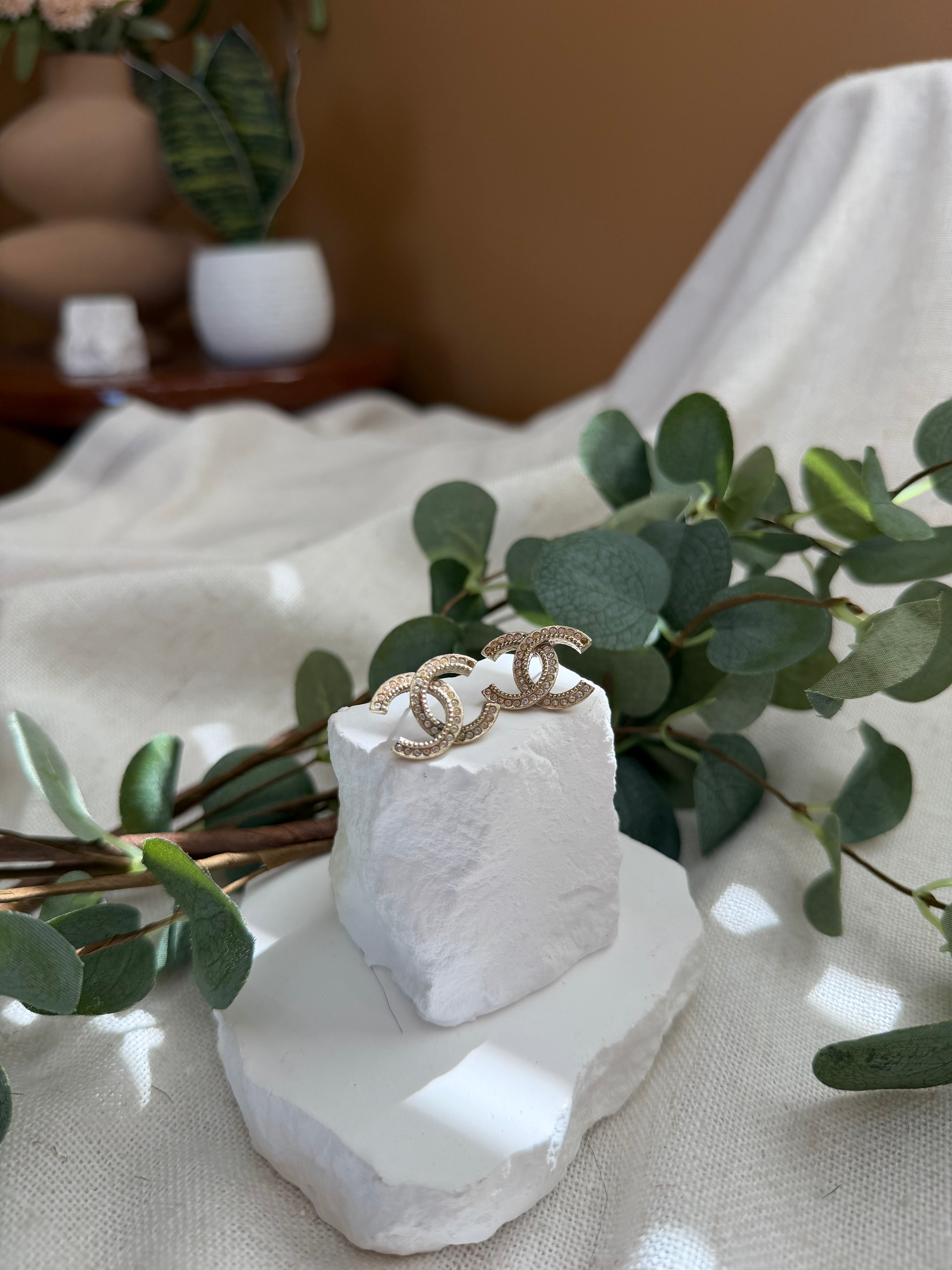 Chanel Vintage Gold Tone Crystal CC Earrings