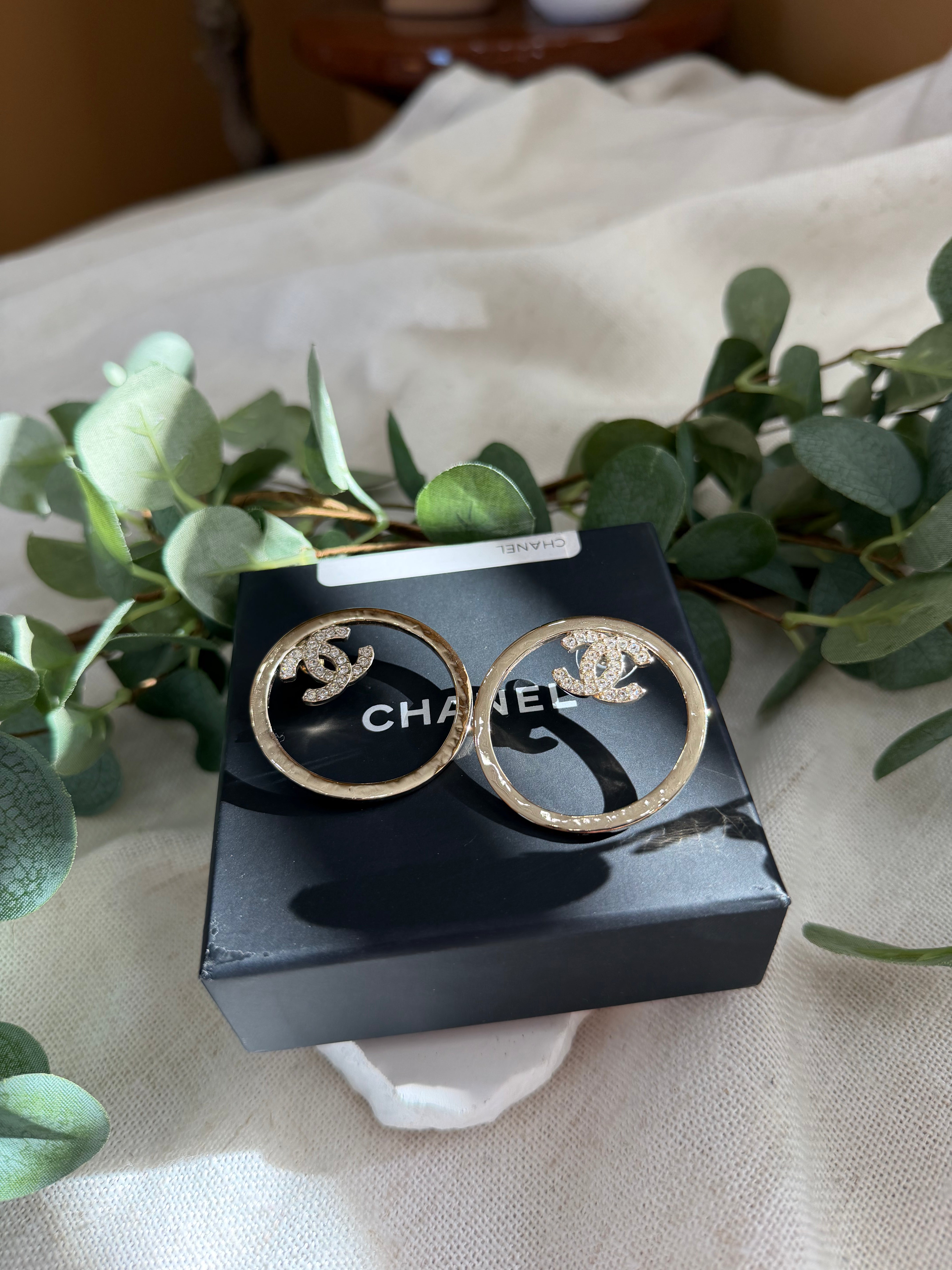 Chanel Crystal & Gold Tone CC Circle Drop Earrings