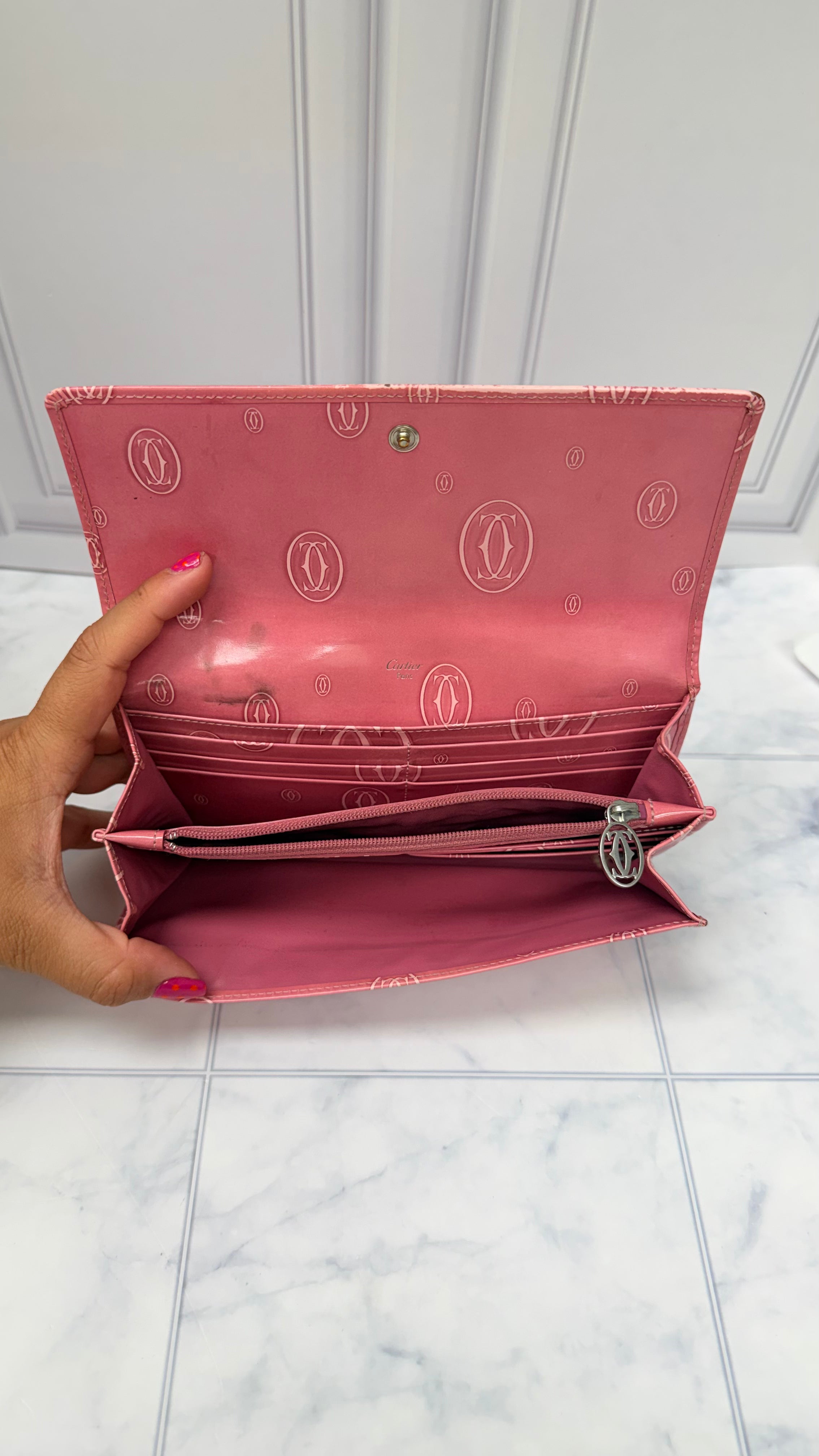 Cartier Pink Patent Leather Flap Wallet