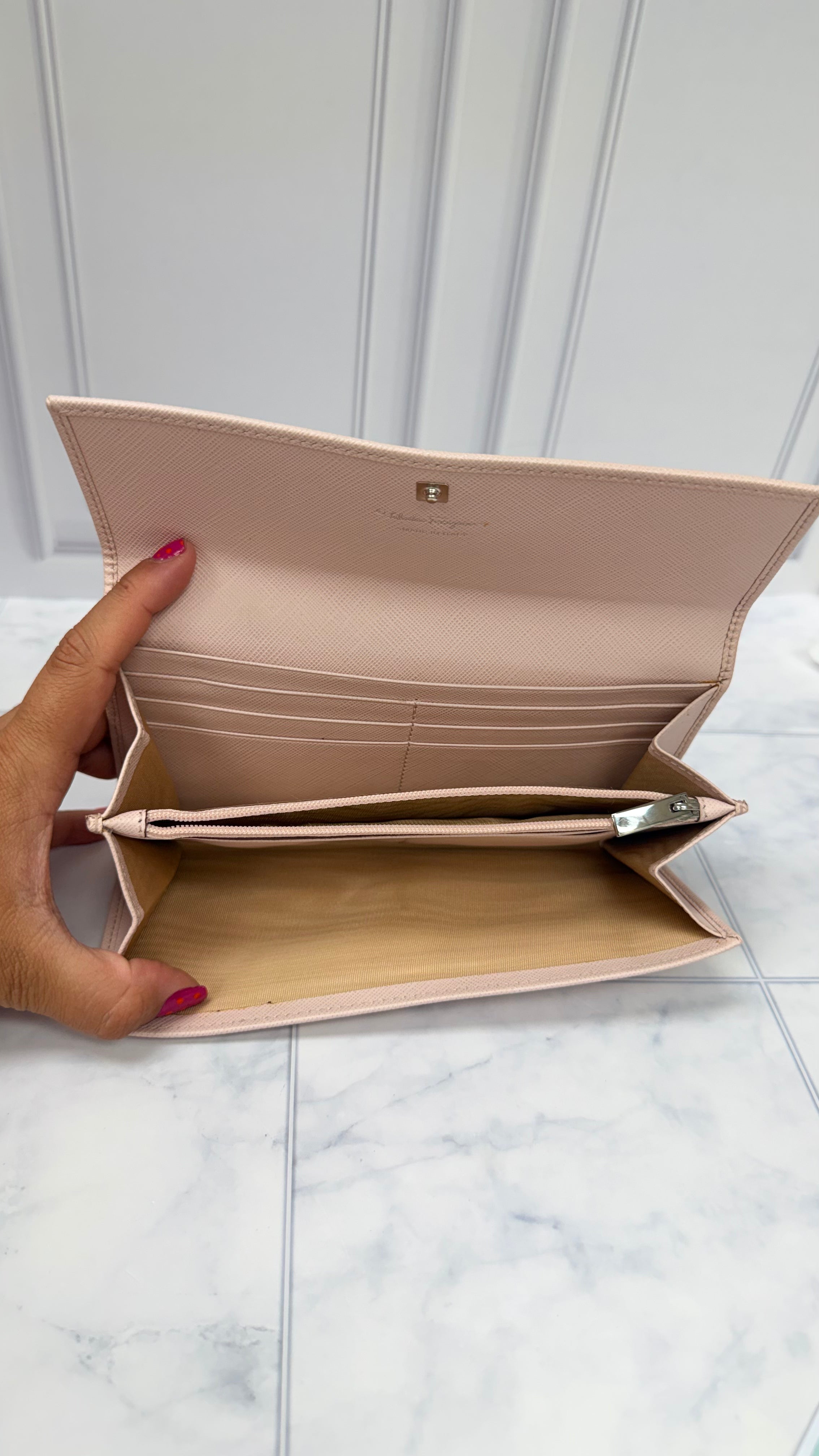 Salvatore Ferragamo Pink Saffiano Leather Flap Wallet