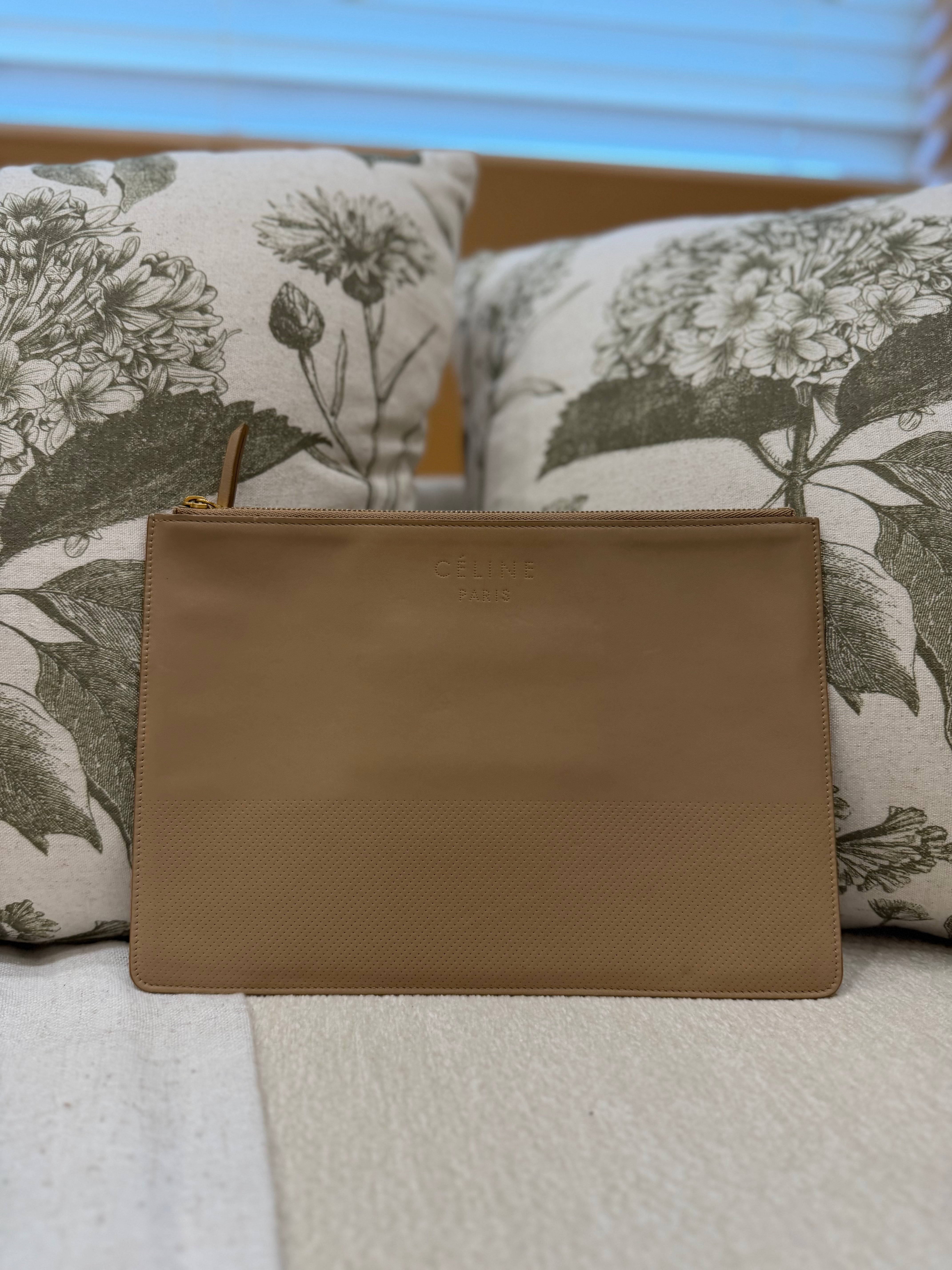 Celine Tan Calfskin Leather Perforated Clutch Pouch