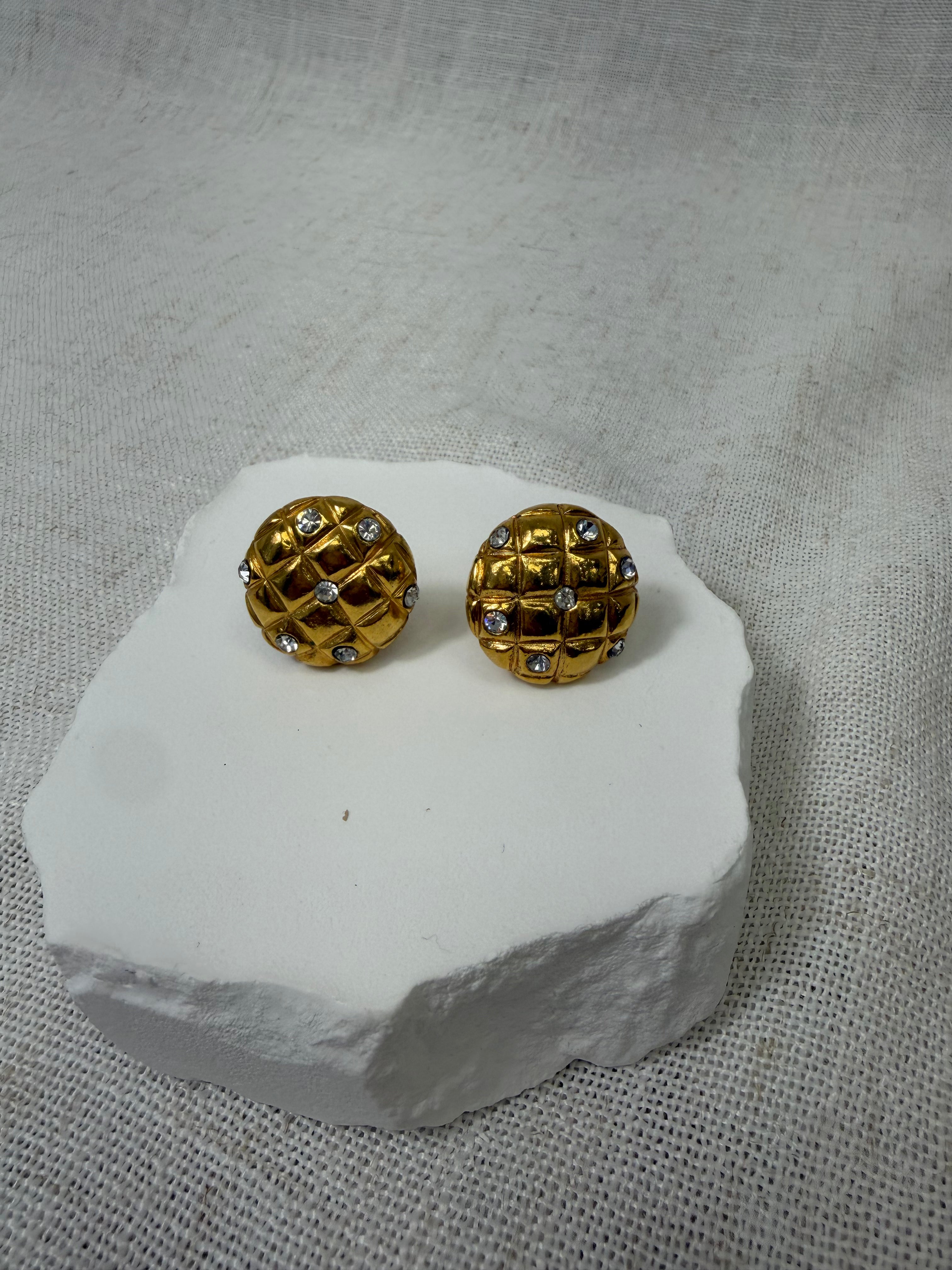 Chanel Vintage Gold Plated Rhinestone Quilted Clip-On Earrings