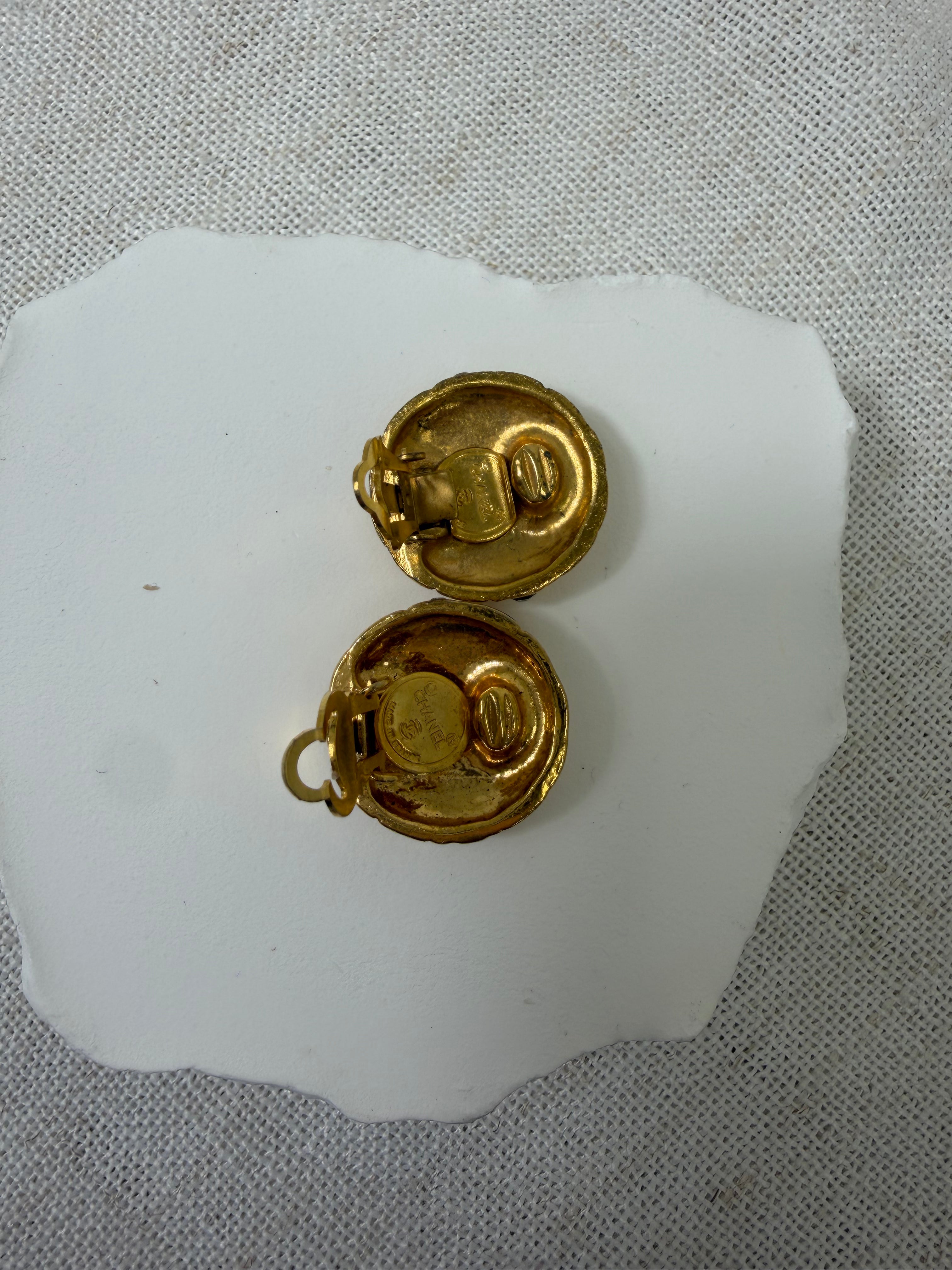 Chanel Vintage Gold Plated Rhinestone Quilted Clip-On Earrings