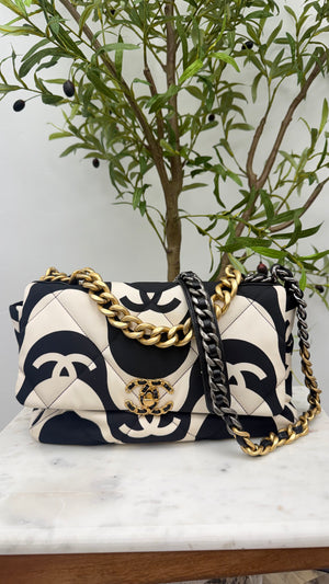 Chanel Black And White Quilted Printed Silk Chanel 19 Large Flap Bag