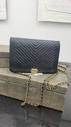 Chanel Black Chevron Caviar Leather Boy Wallet On A Chain