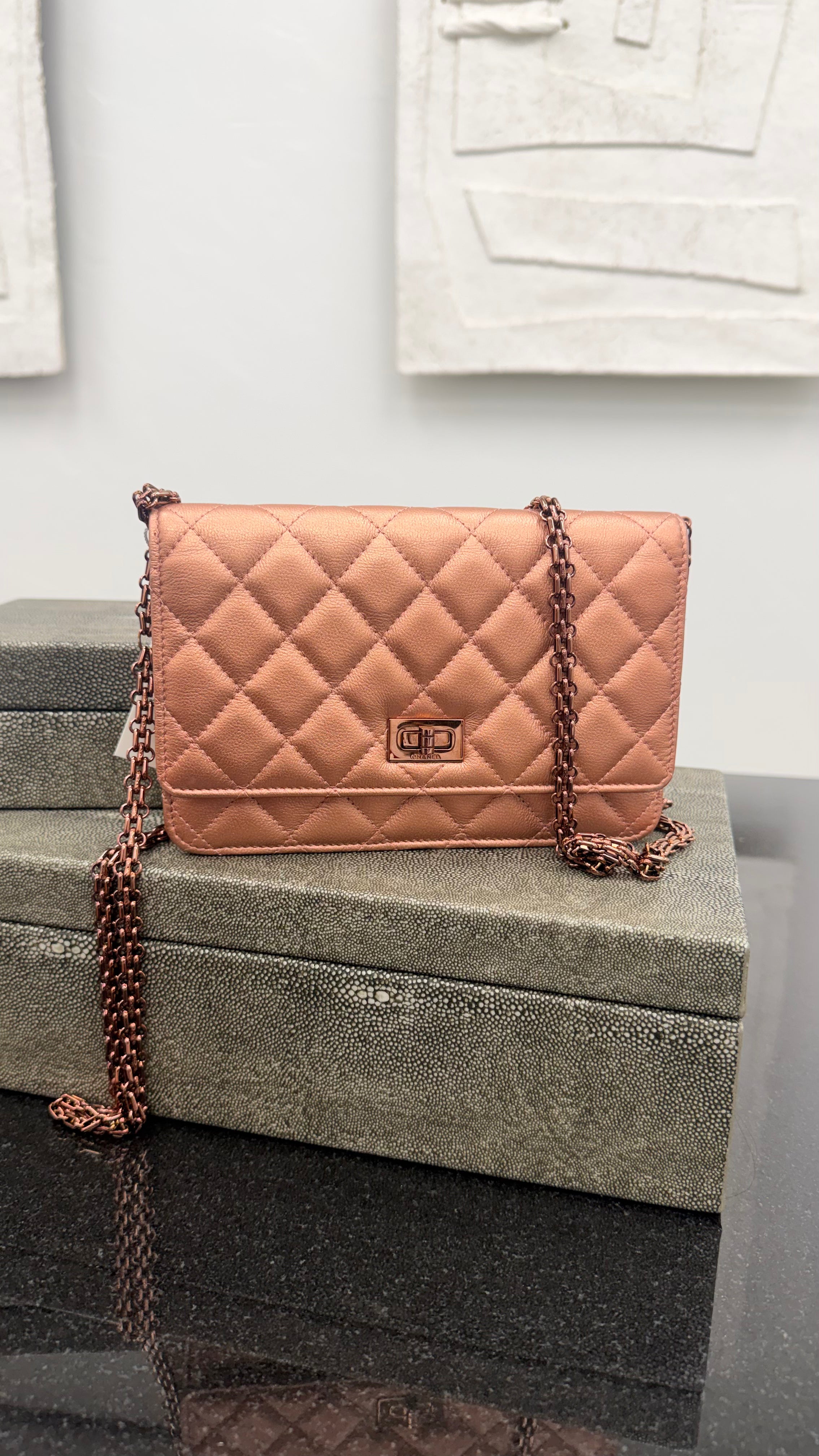 Chanel Rose Gold Metallic Quilted Calfskin Leather Reissue 2.55 Wallet On A Chain