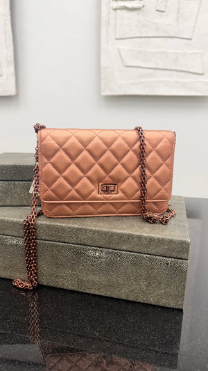 Chanel Rose Gold Metallic Quilted Calfskin Leather Reissue 2.55 Wallet On A Chain