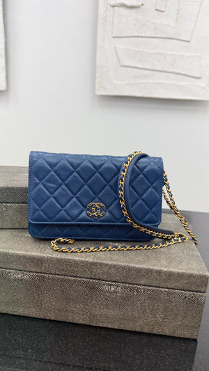 Chanel Blue Quilted Lambskin Leather Chain Infinity Wallet On A Chain