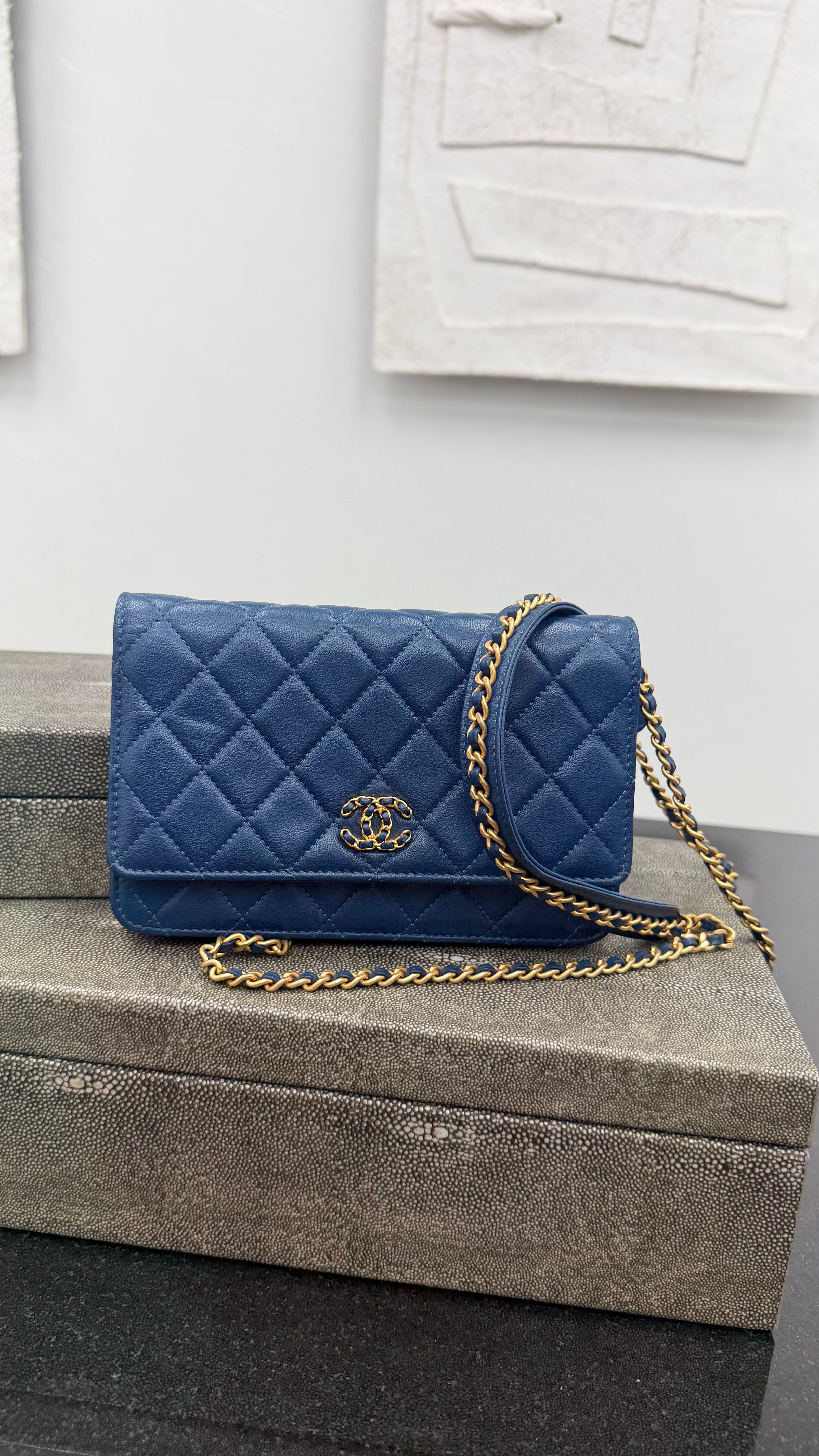 Chanel Blue Quilted Lambskin Leather Chain Infinity Wallet On A Chain