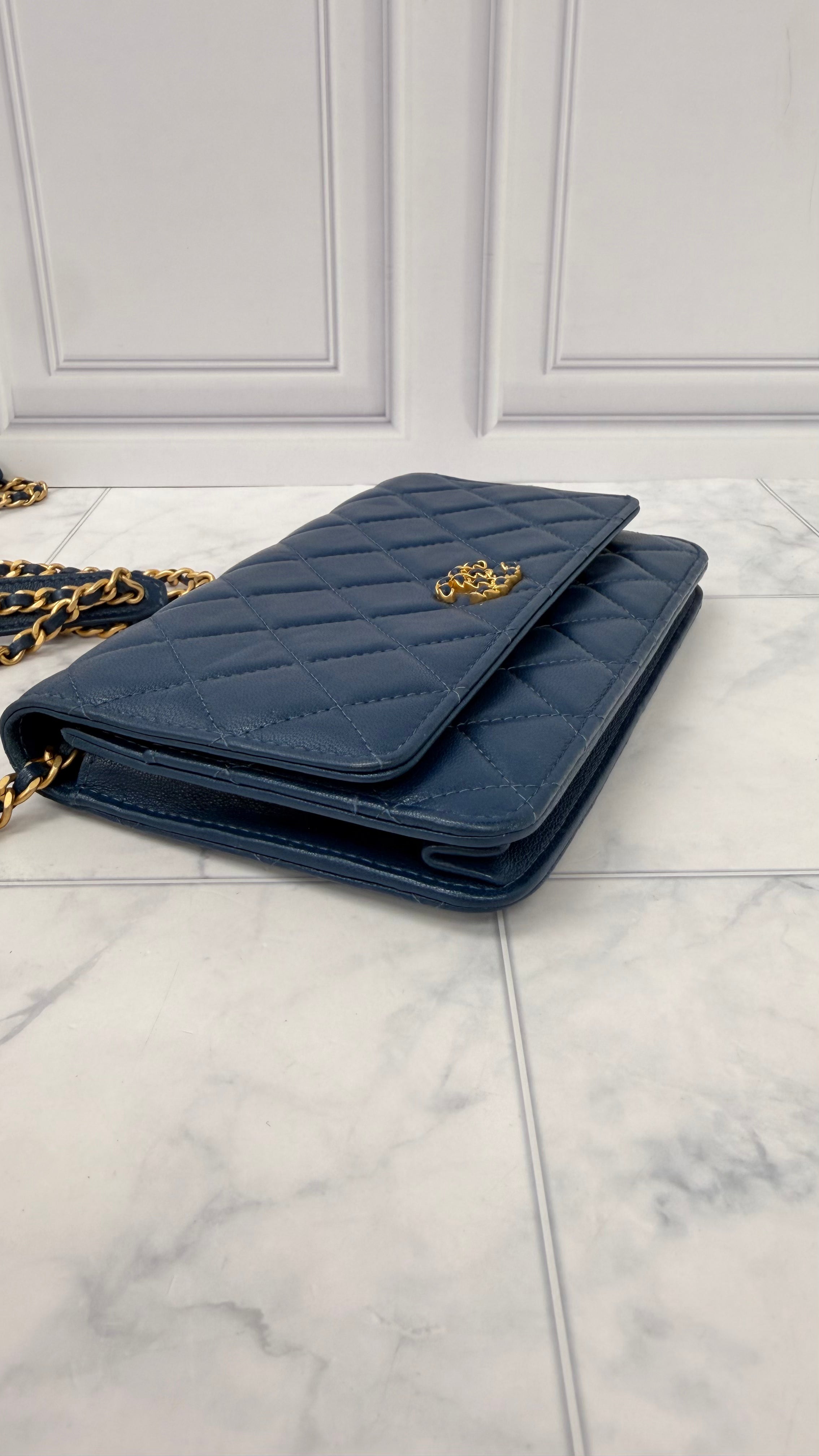 Chanel Blue Quilted Lambskin Leather Chain Infinity Wallet On A Chain