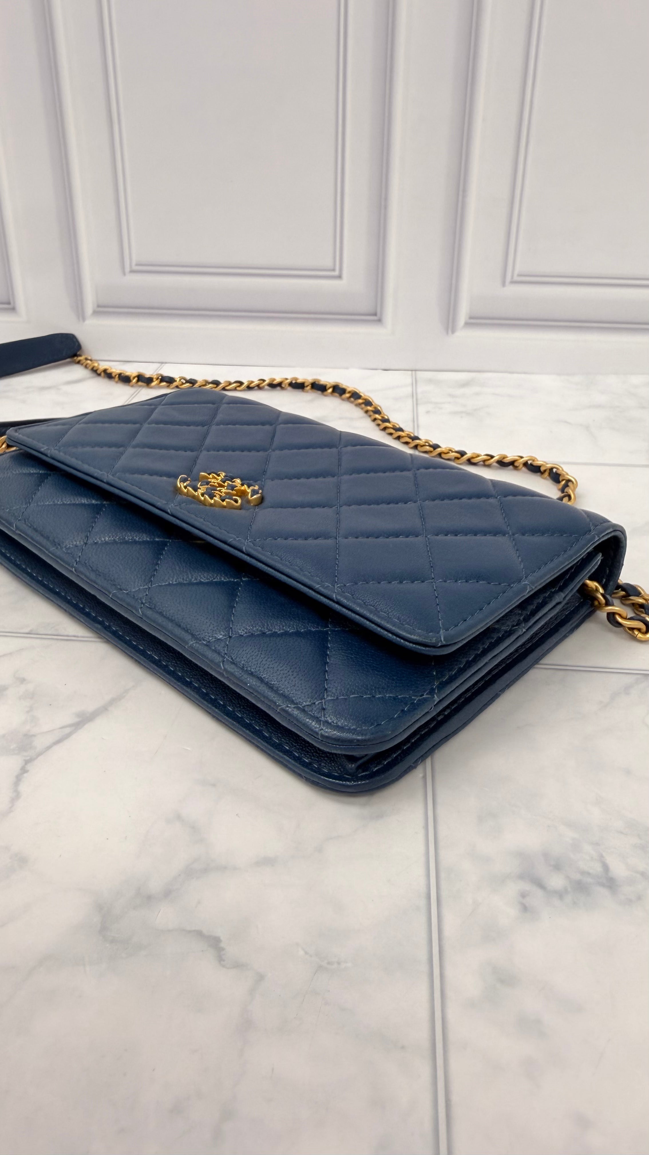 Chanel Blue Quilted Lambskin Leather Chain Infinity Wallet On A Chain