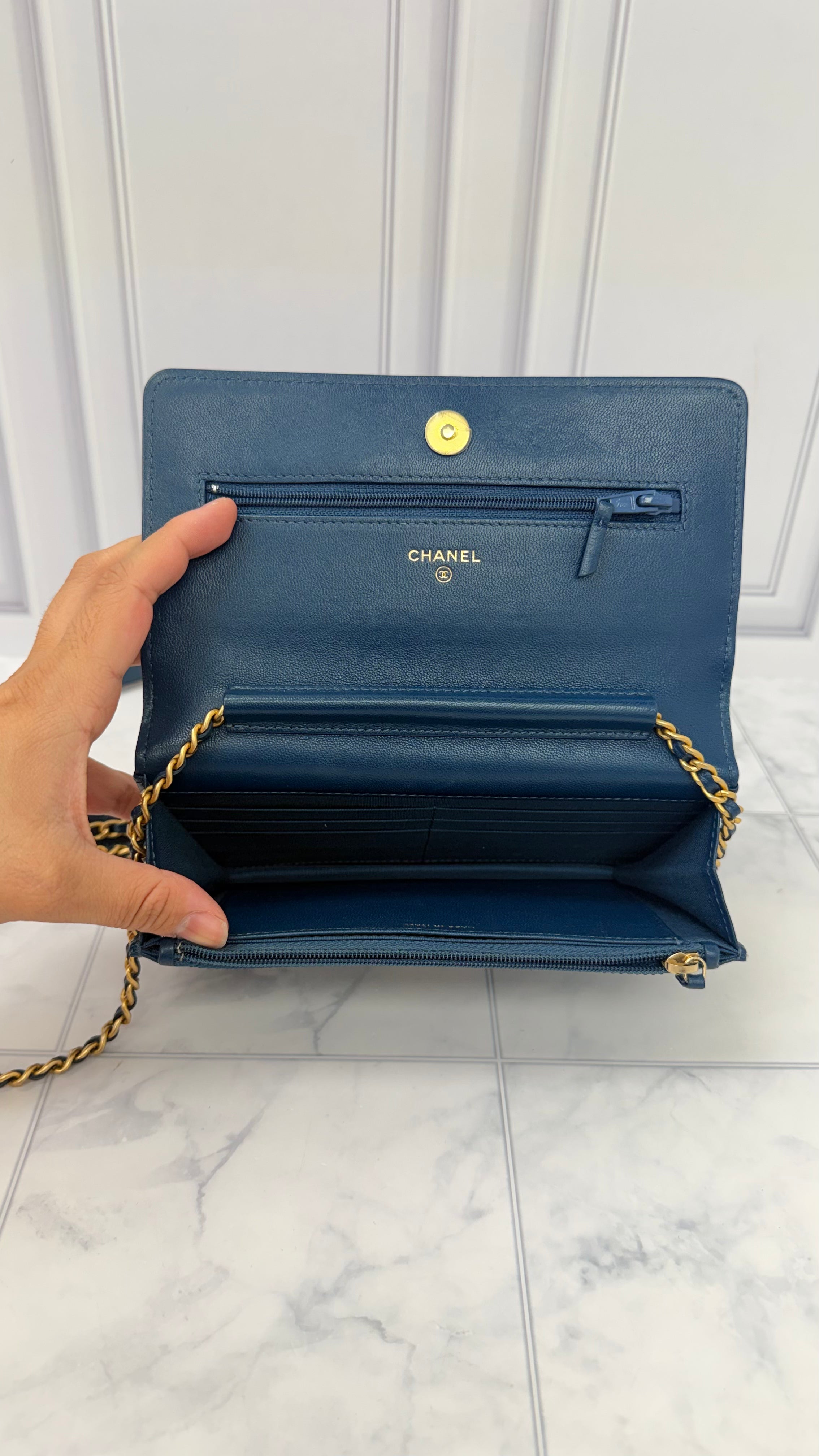 Chanel Blue Quilted Lambskin Leather Chain Infinity Wallet On A Chain