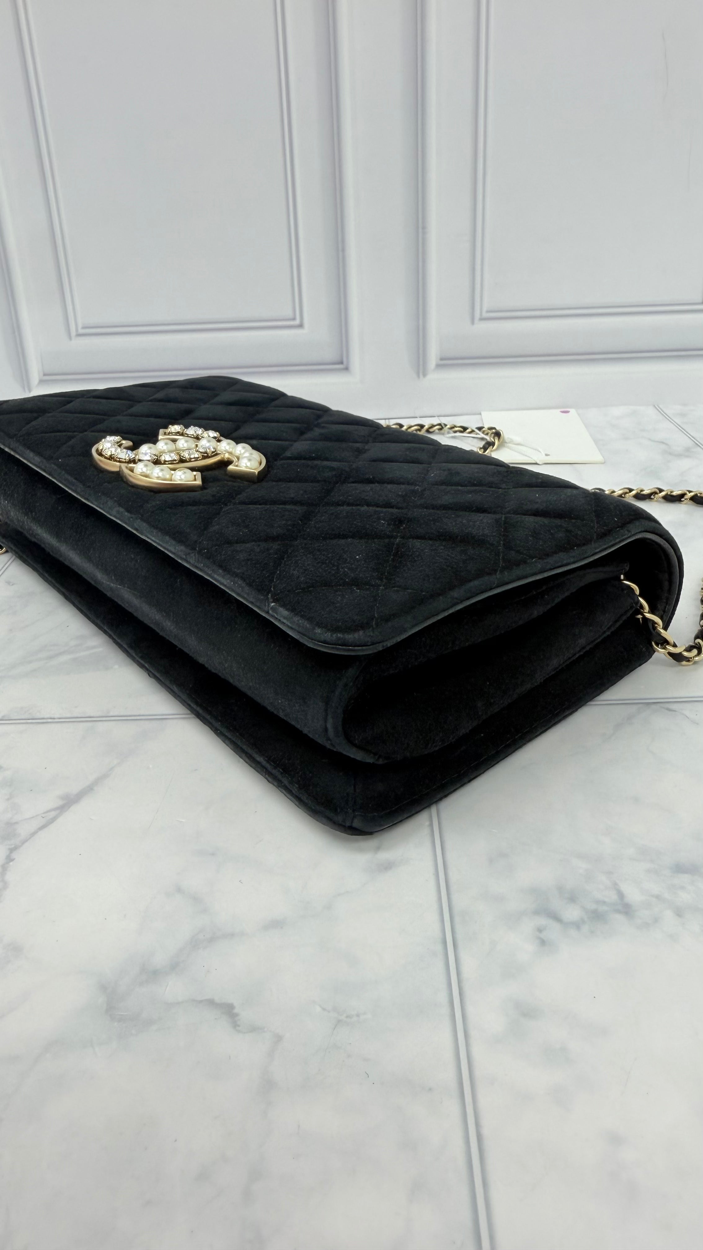 Chanel Black Quilted Suede Leather CC Chain Full Flap Bag