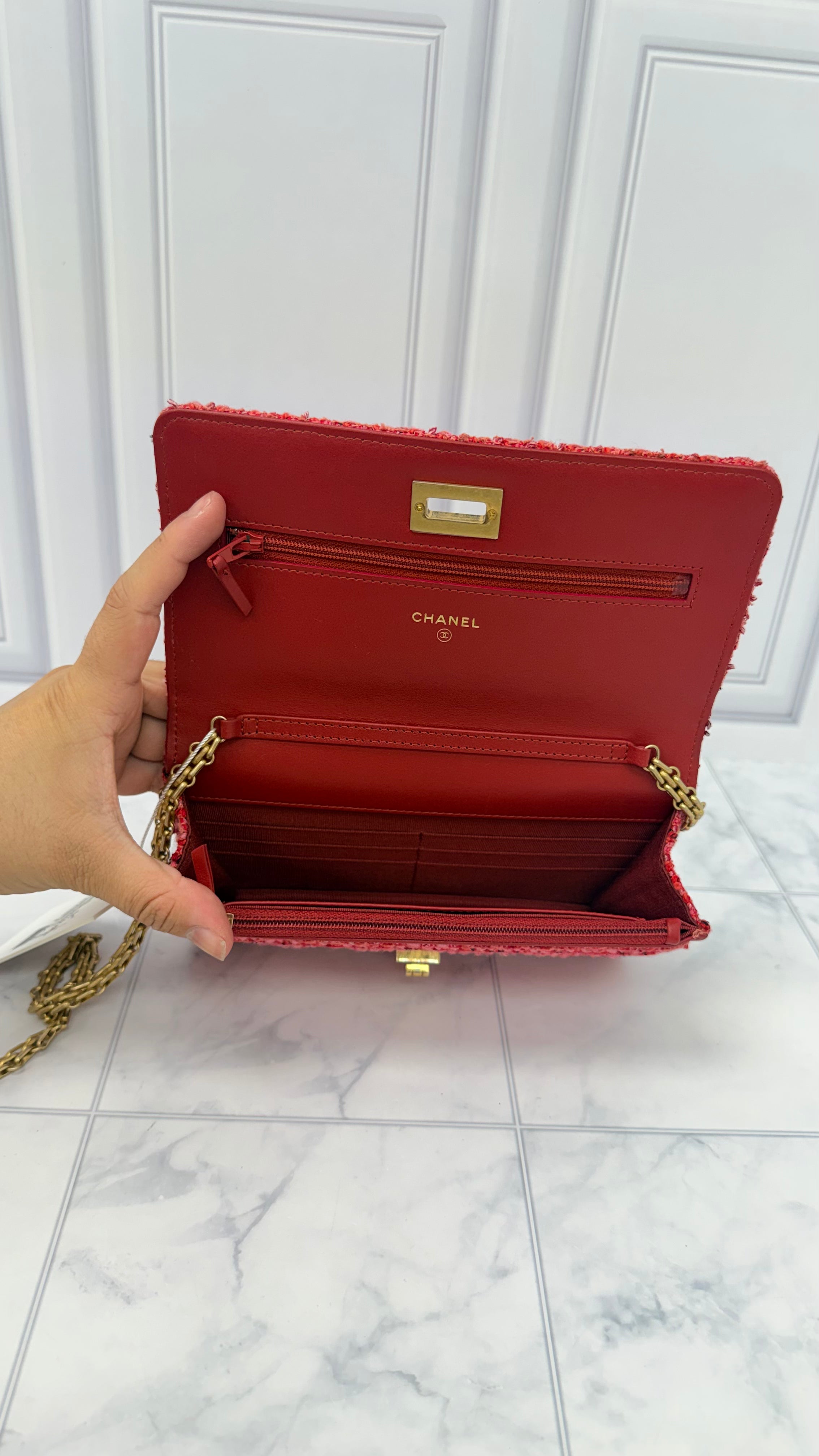 Chanel Pink Tweed Reissue Wallet On A Chain